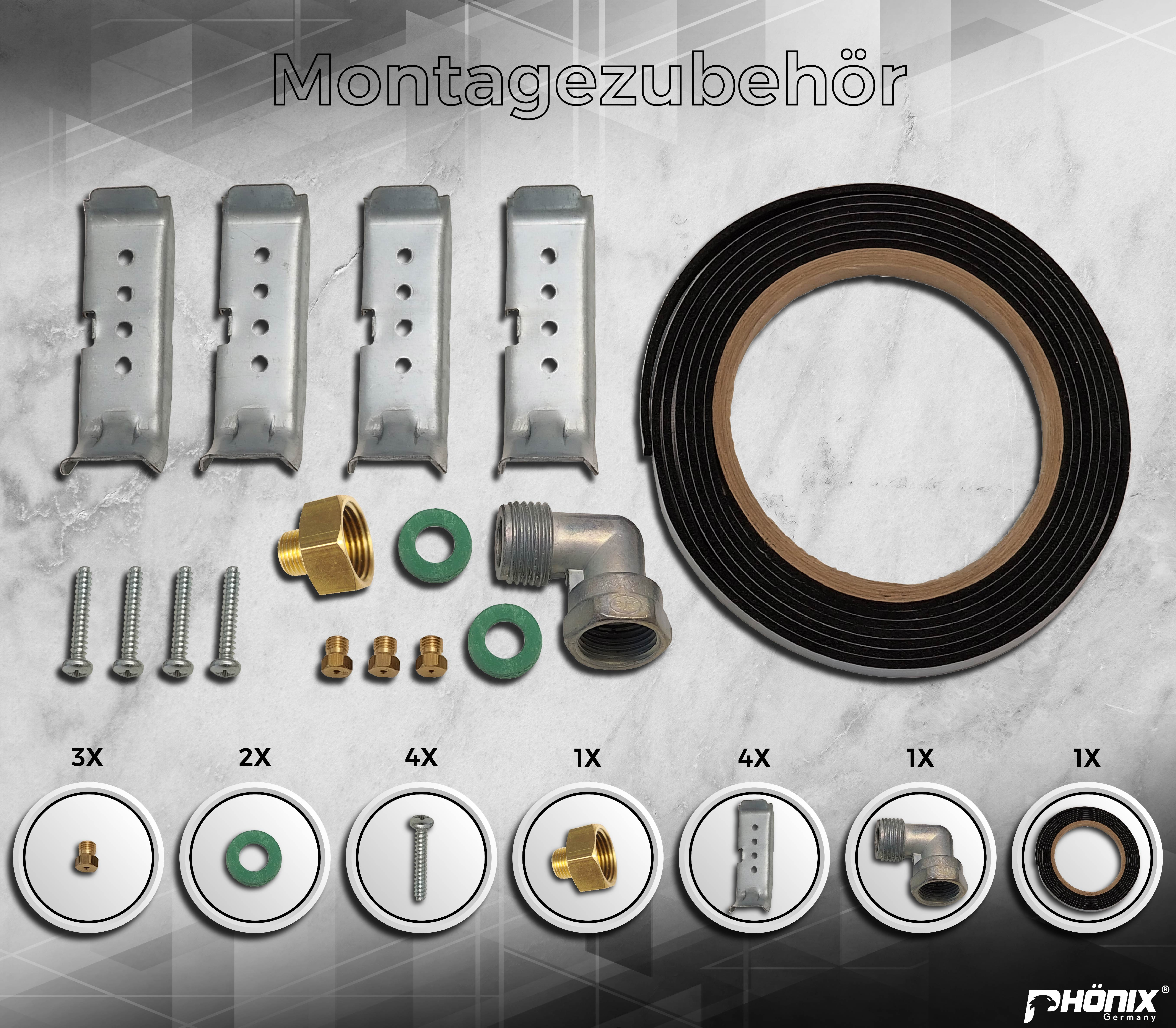 Teile für die Installation. Schrauben, Halterungen, Ringe und Anschlüsse. Die Teile sind beschriftet und auf weißem Hintergrund.