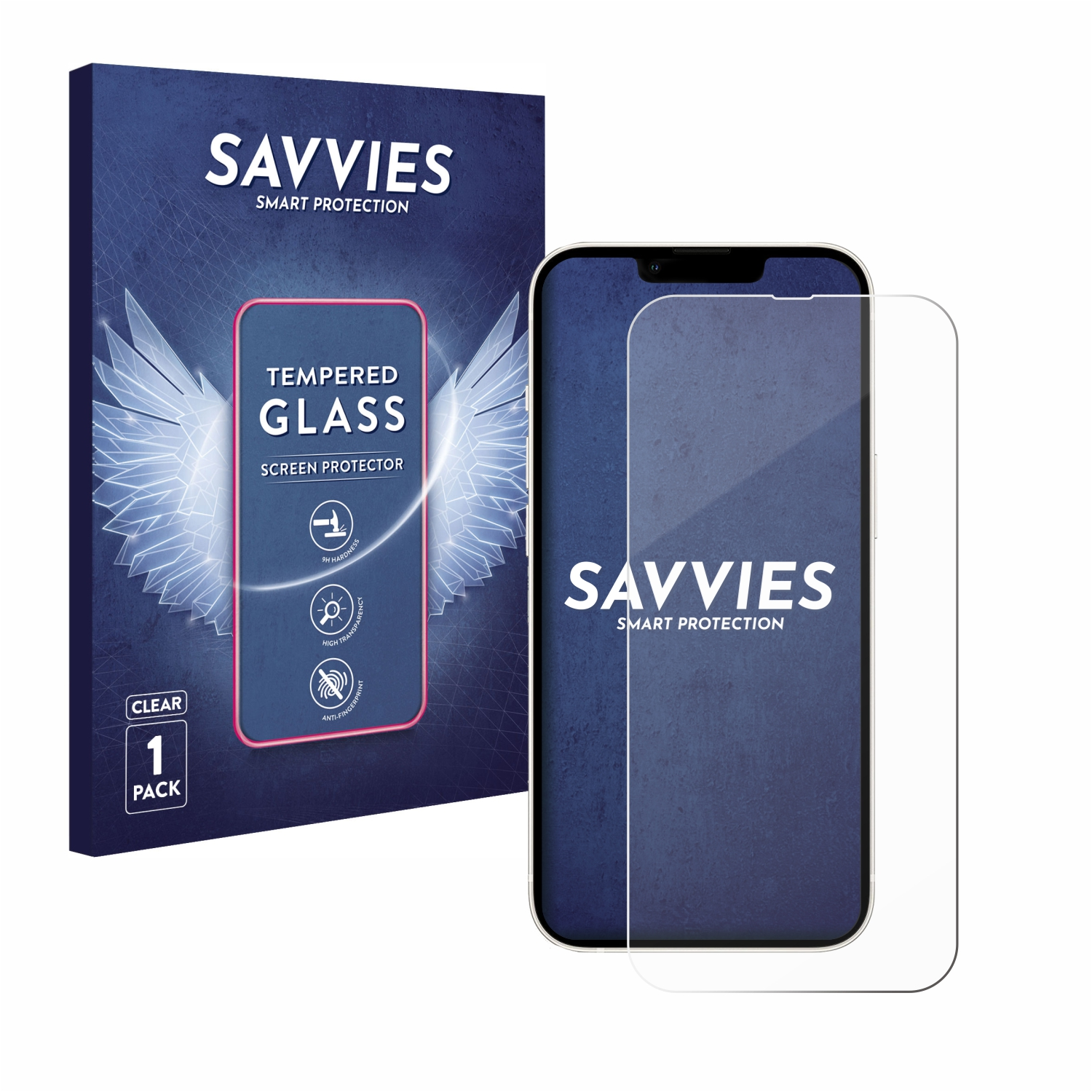 Handy-Displayschutzfolie mit Verpackung. Weiße Box mit Smartphone und Flügel-Grafik.