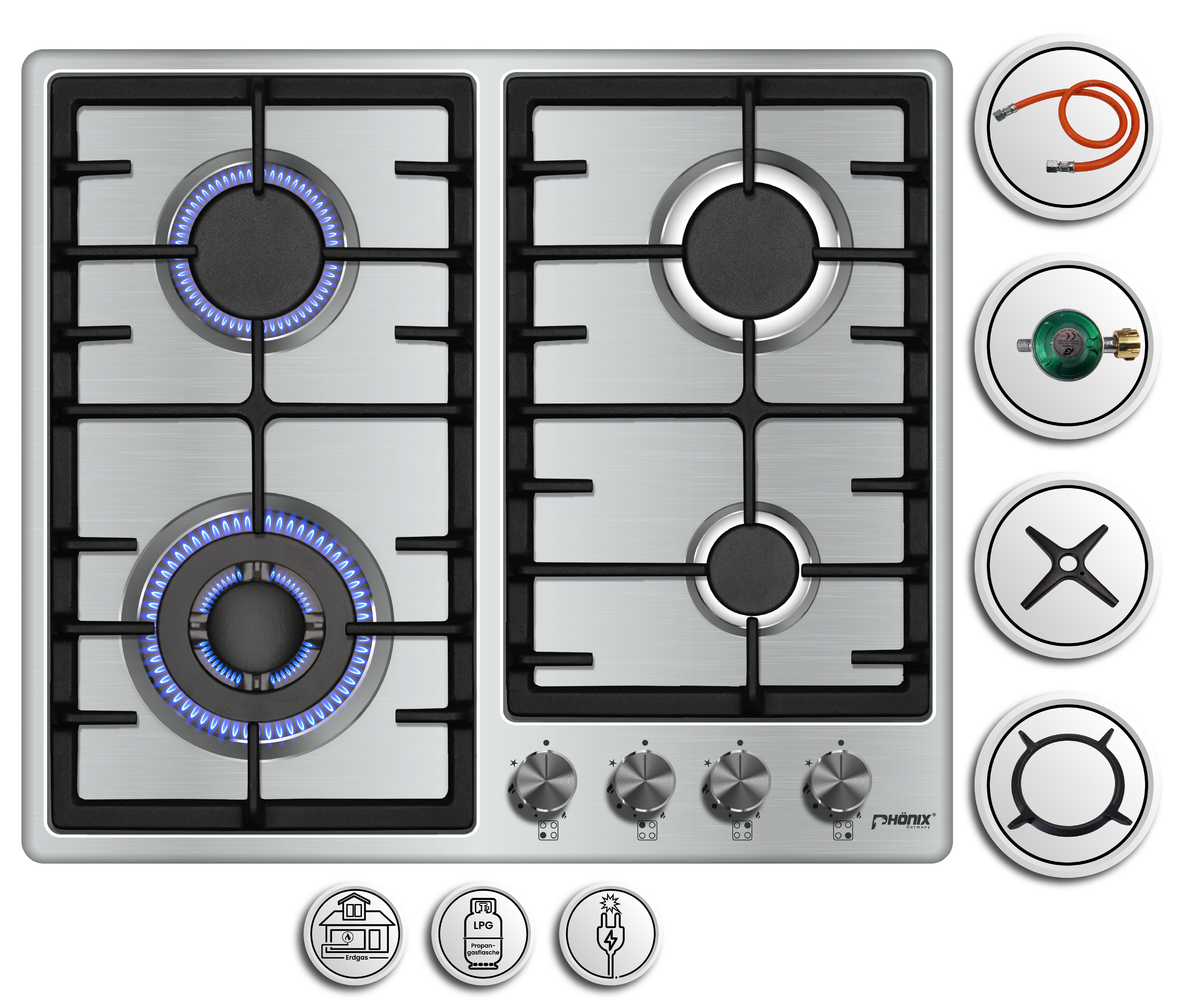 Silberner Gasherd mit blauen Flammen und Geräte-Icons. Enthält Gas- und Regler-Icons.