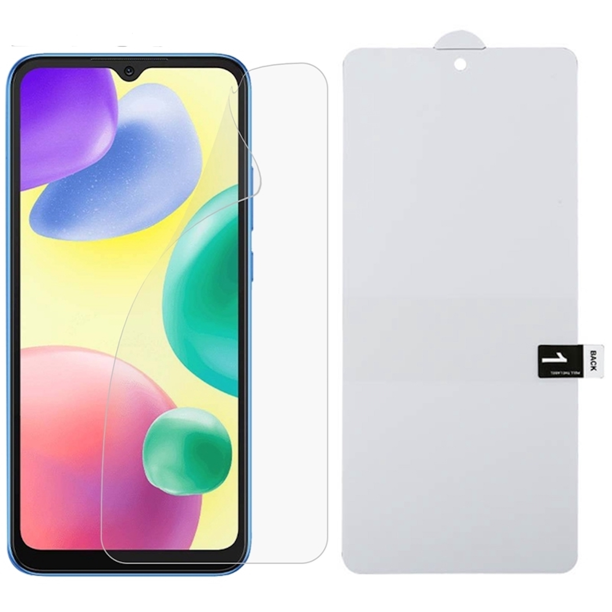 Telefono con protezione schermo e scatola. Il telefono ha uno sfondo colorato sullo schermo.