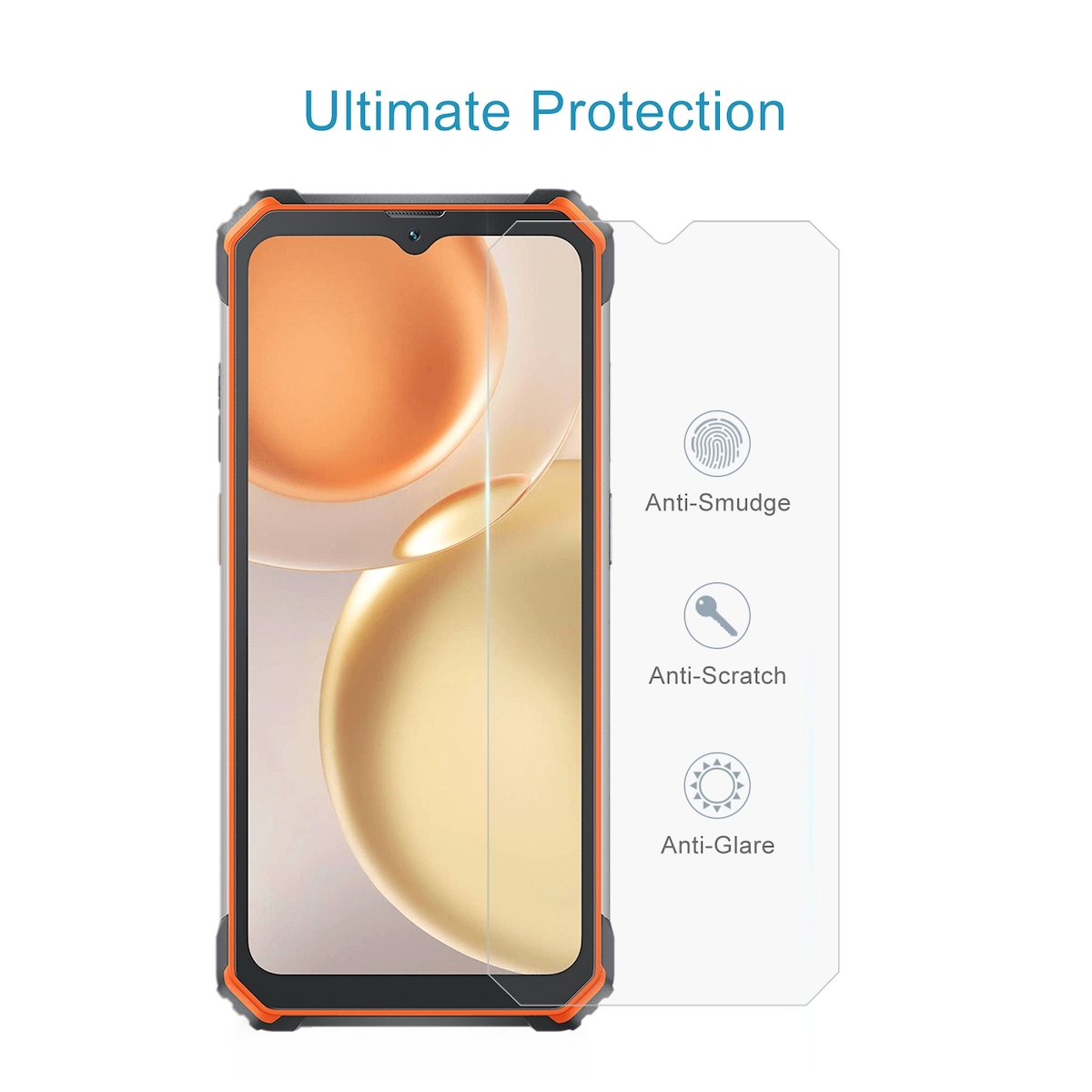 Telefono con protezione schermo e confezione. Protezione ha caratteristiche anti-macchia, antigraffio e antiriflesso.