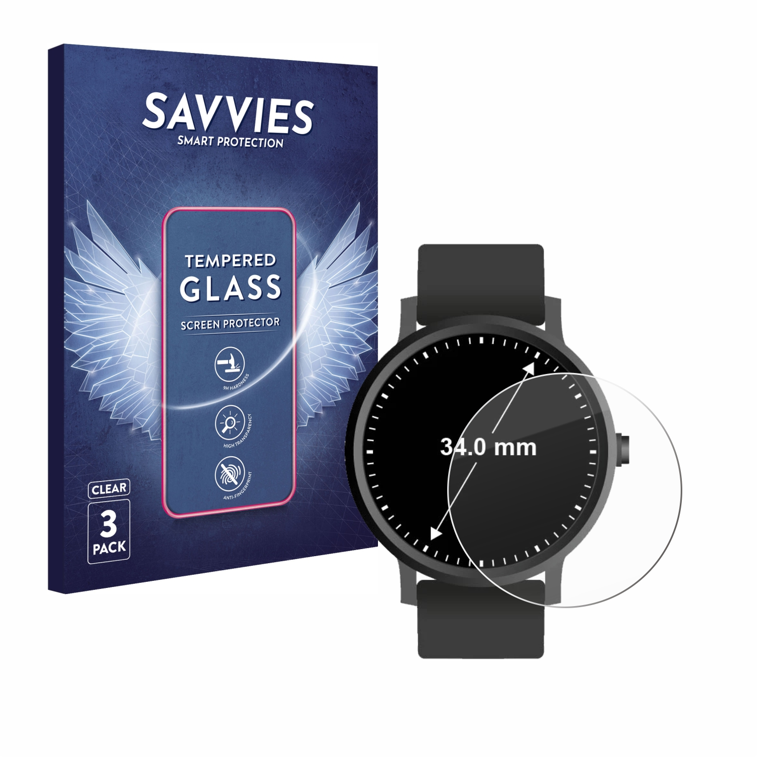 mm)) ø: 9H Universal SAVVIES Schutzglas(für (Kreisrund, 3x 34 Armbanduhren klares