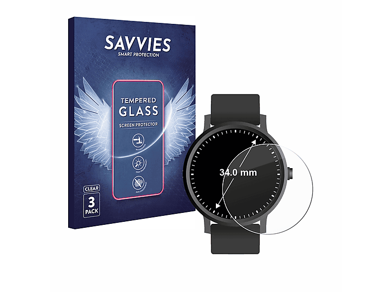SAVVIES 3x 9H klares Schutzglas(für Universal Armbanduhren (Kreisrund, ø: 34 mm))
