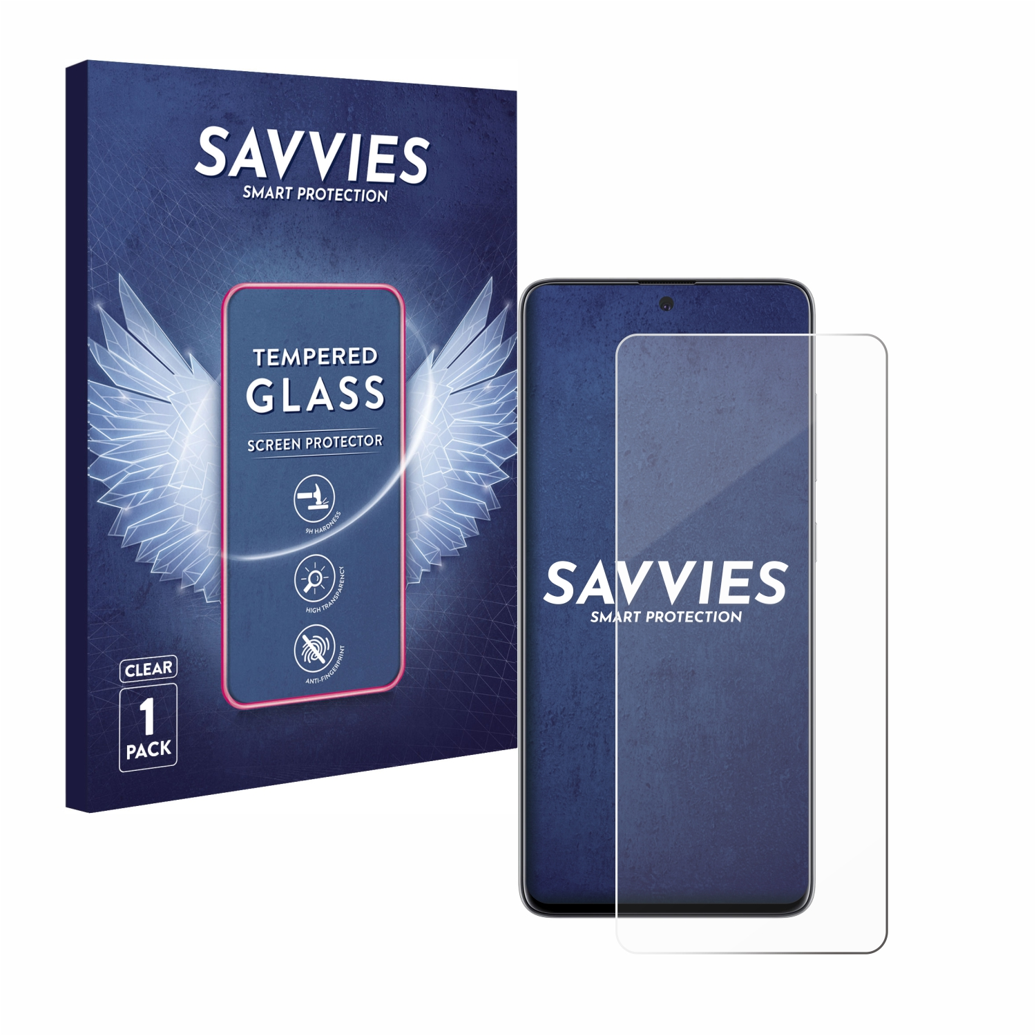 Schachtel und Telefon mit Displayschutz. Text: Savvies, Tempered Glass, 1er-Pack. Handy zeigt Oberfläche.
