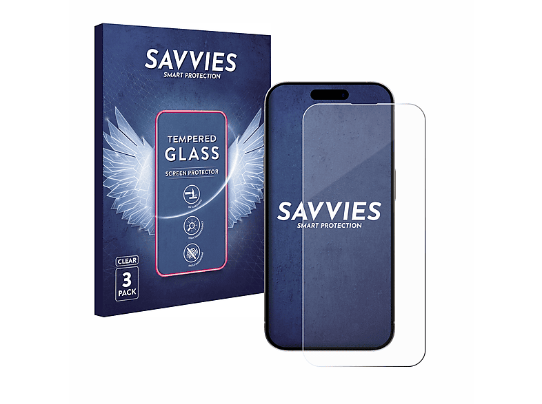 SAVVIES 3x 9H klares Schutzglas(für Apple iPhone 15 Plus)