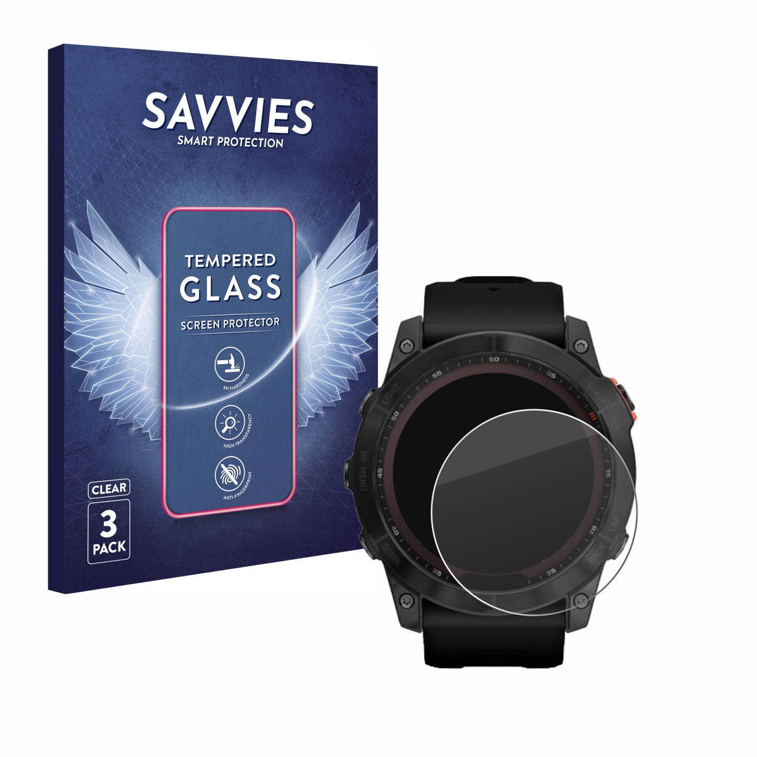 Schutzfolienbox, Smartwatch und Schutzfolie auf dem Bildschirm. Schwarze Smartwatch.