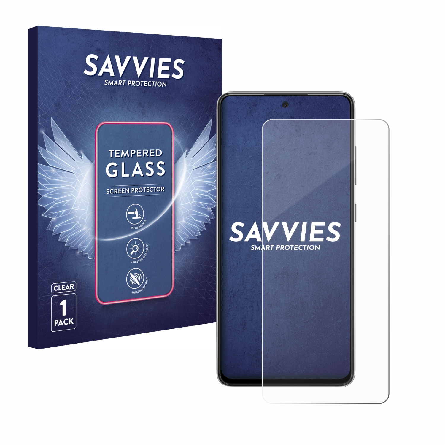 Smartphone und Displayschutzfolie. Die Verpackung ist blau mit weißem Text und einem klaren Protektor.