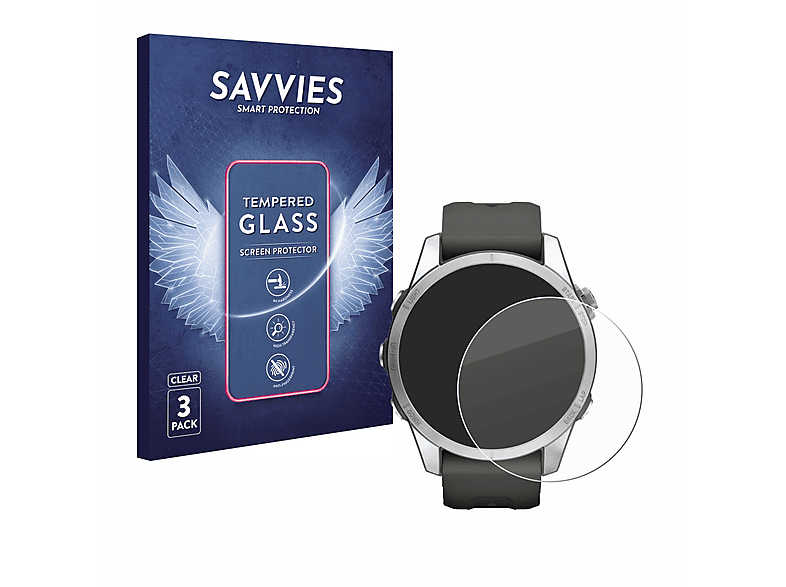 SAVVIES 3x 9H klares Schutzglas(für Garmin Fenix 7S Pro Solar (42 mm))
