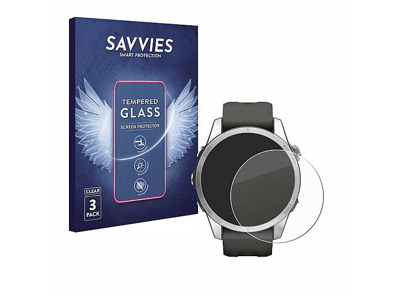 SAVVIES 3x 9H klares Schutzglas (für Garmin Fenix 7S Pro Solar (42 mm))
