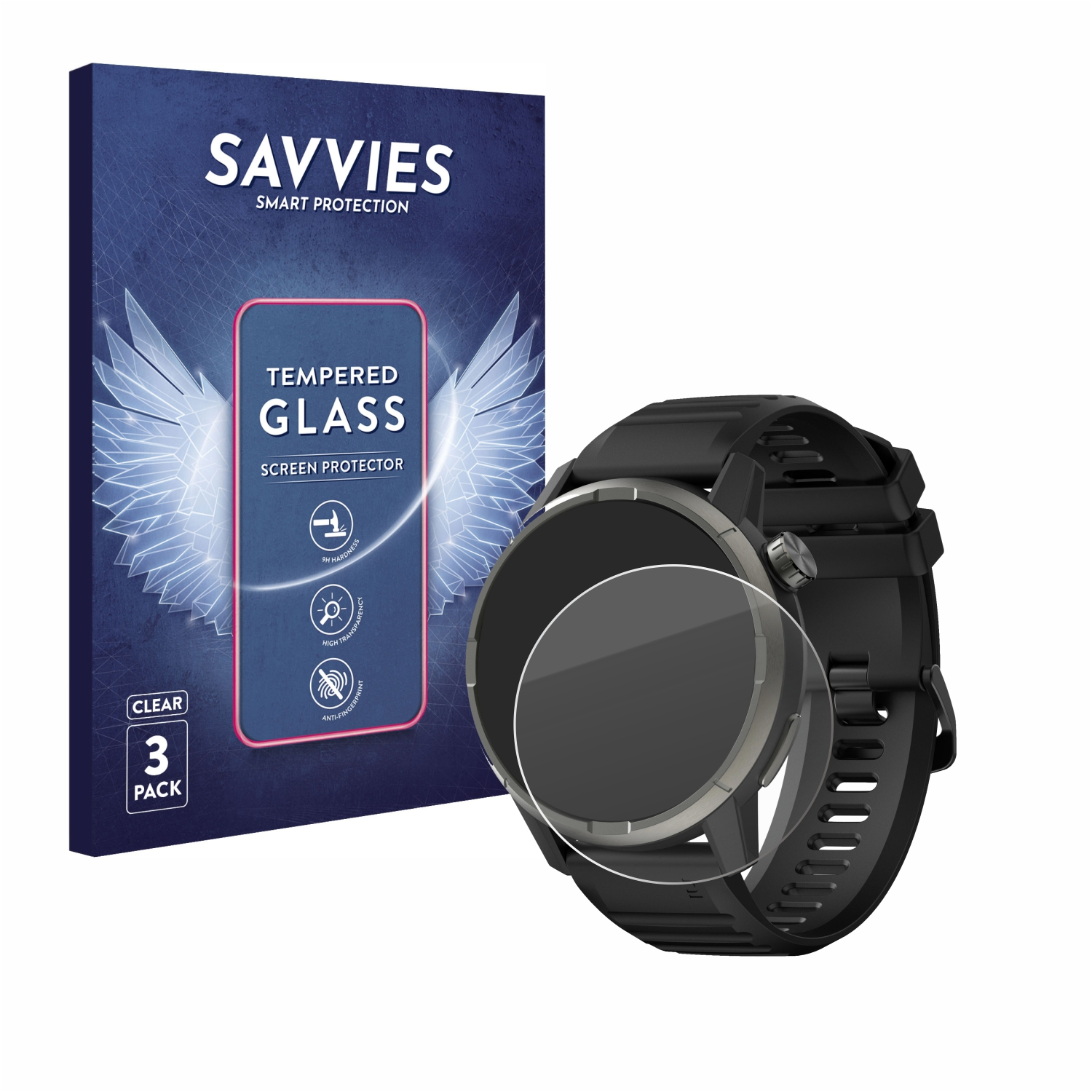 Smartwatch mit Displayschutz. Packung zeigt den Displayschutz. Uhr ist schwarz.