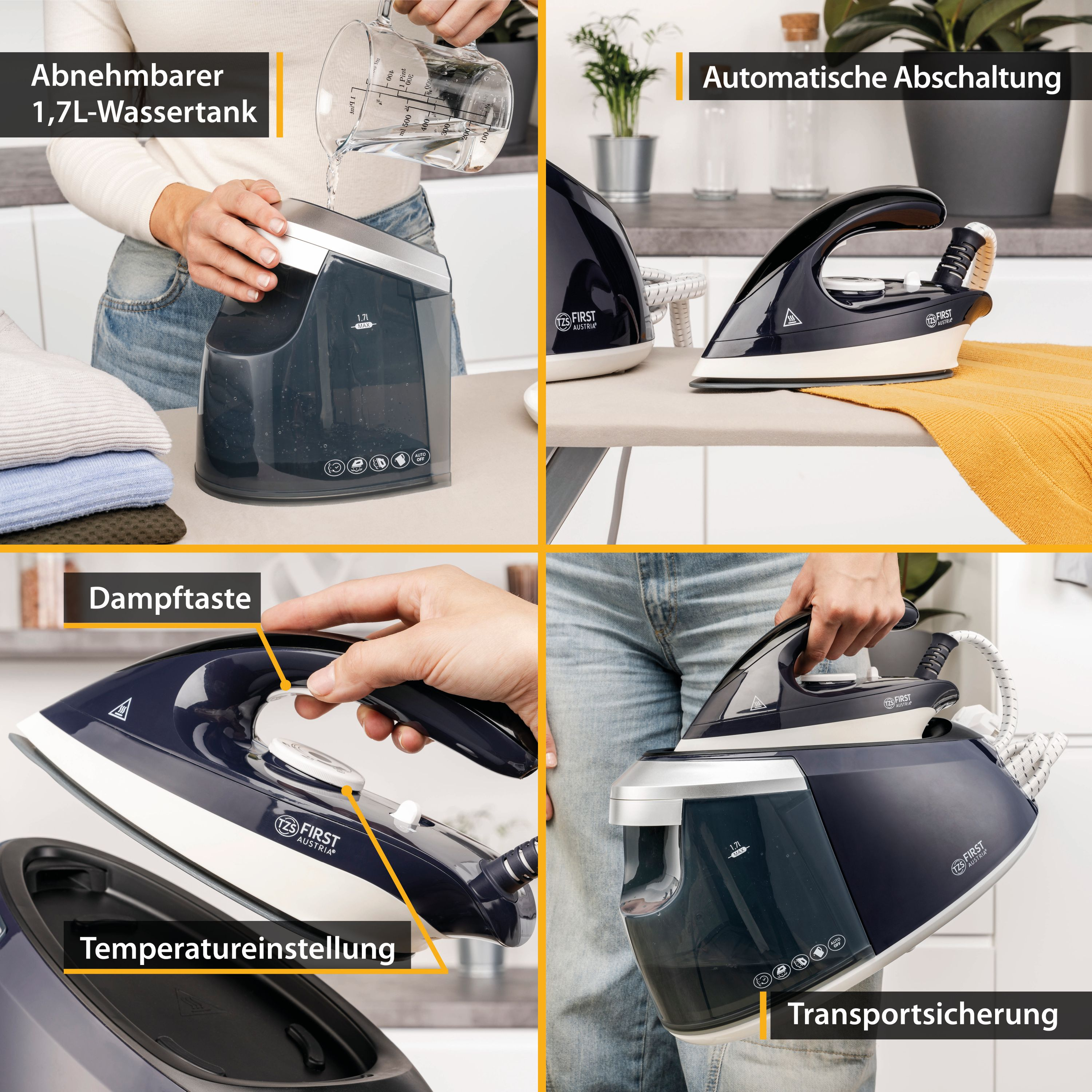 Ein Bügeleisen mit Wassertank wird befüllt. Weitere Bilder zeigen Funktionen und Anwendung.