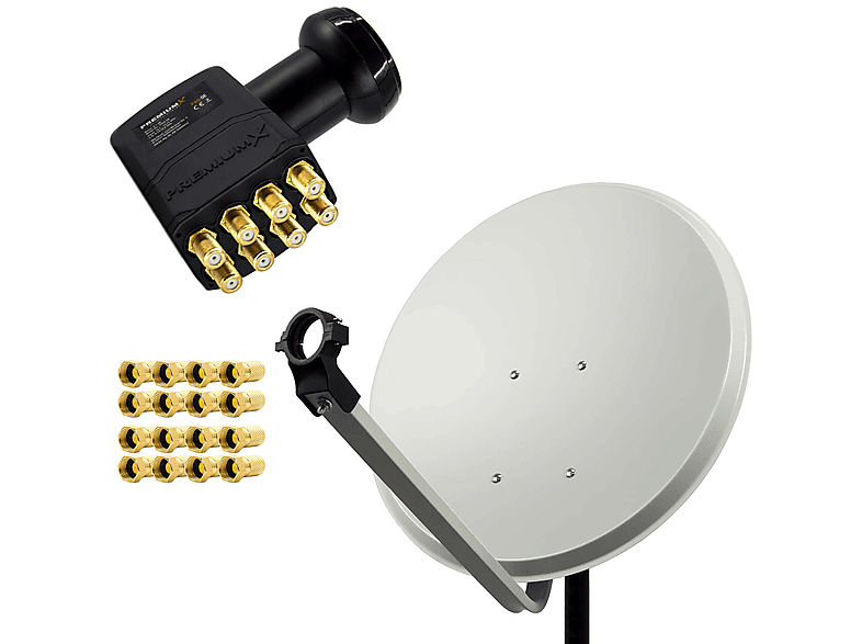 [Neueste Werke & Schnäppchen] PREMIUMX SAT Anlage 80cm Antenne F-Stecker LNB Sat Octo 16x (80 Octo cm, Aluminium LNB) Anlage