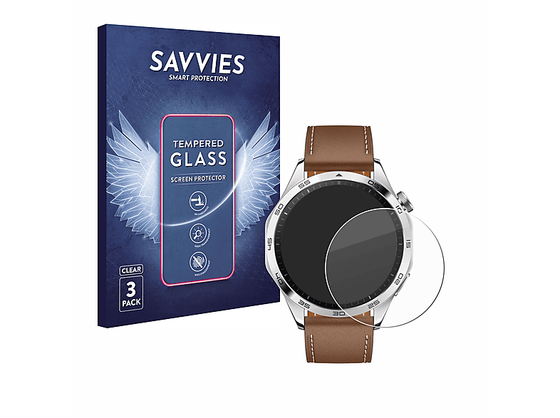 klares Huawei Watch Schutzglas(für (46mm)) 9H 4 GT SAVVIES 3x