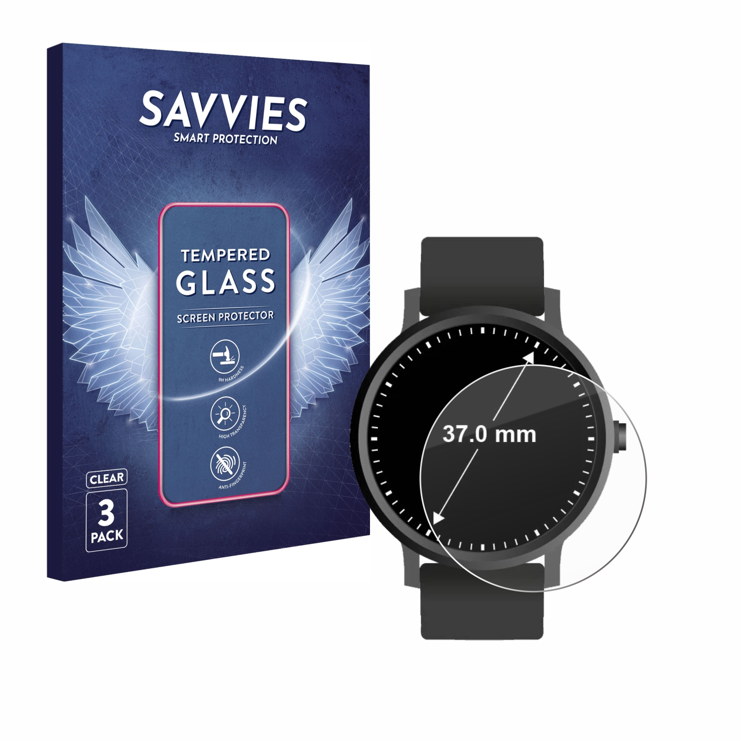 klares SAVVIES 3x ø: Schutzglas(für 37 Universal Armbanduhren 9H (Kreisrund, mm))