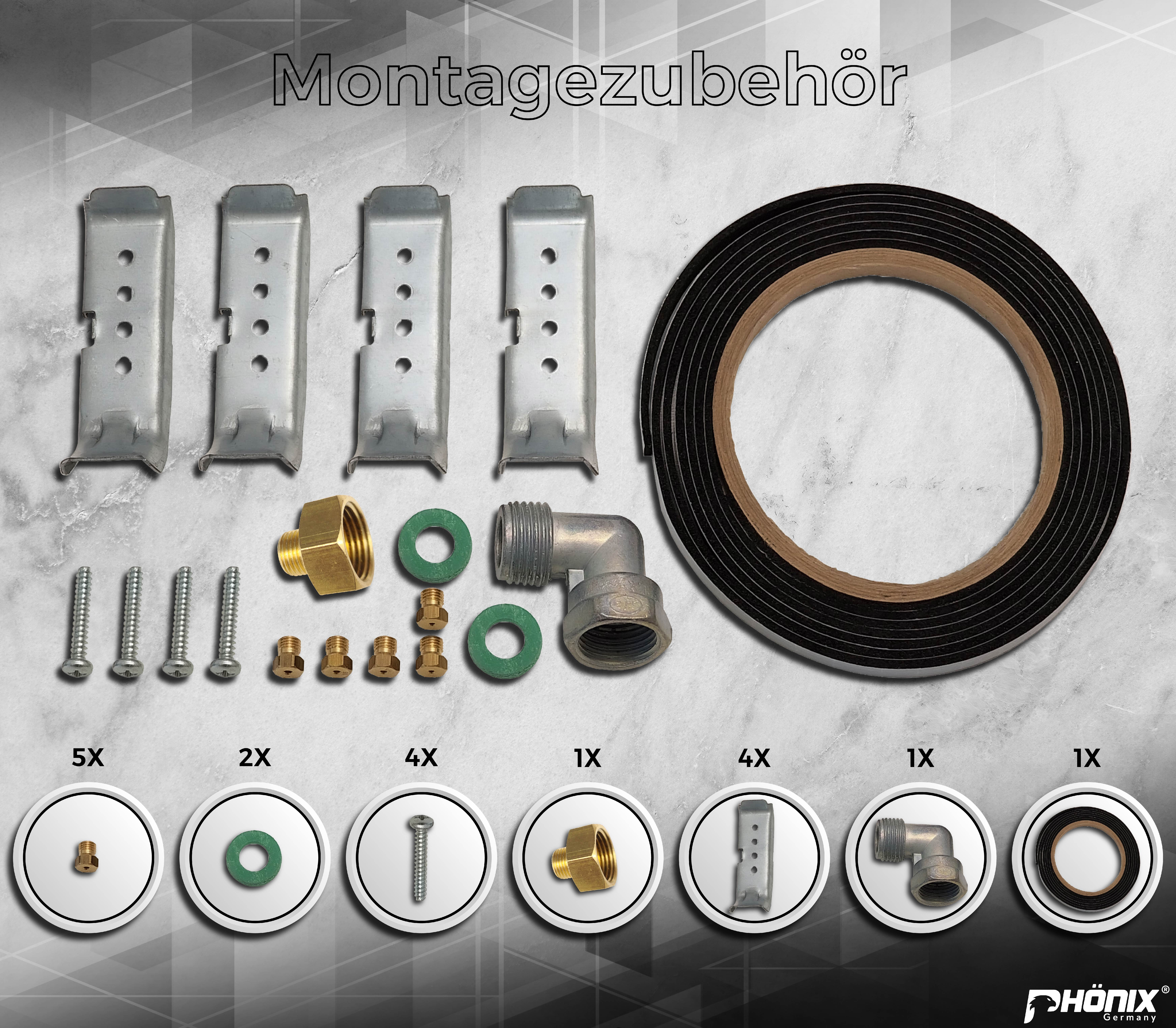 Verschiedene Sanitär- und Bauteile, darunter Schrauben, Halterungen und eine Rolle Klebeband.