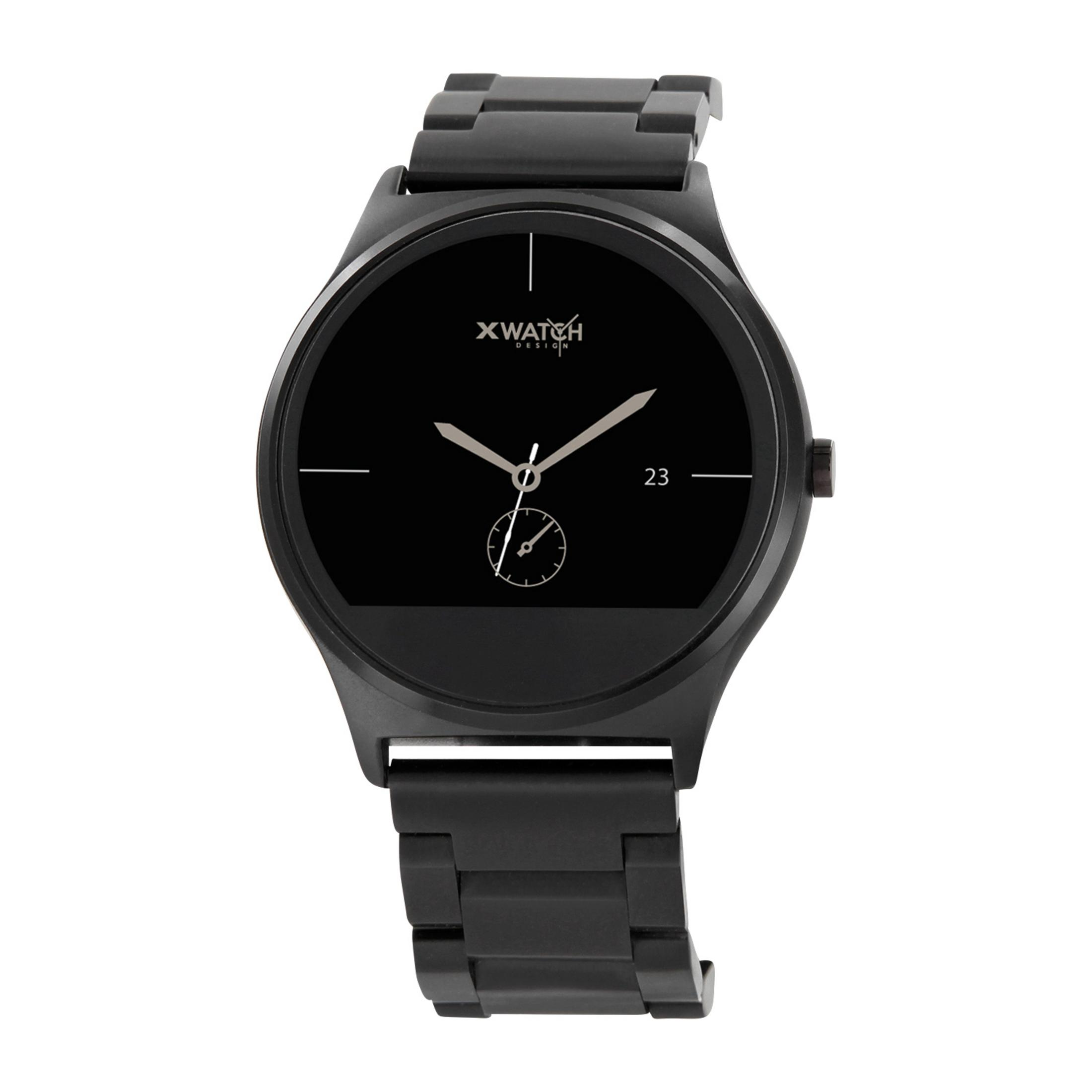 Schwarze X Watch mit schwarzem Armband. Das Zifferblatt zeigt die Uhrzeit und ein kleines Zifferblatt.