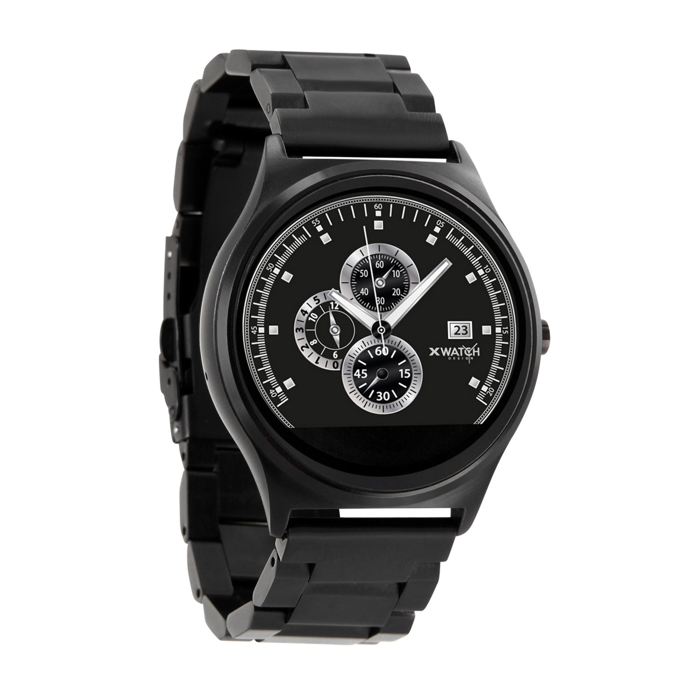 Schwarze XWATCH Smartwatch. Eine Digitaluhr mit schwarzem Armband und rundem Zifferblatt.
