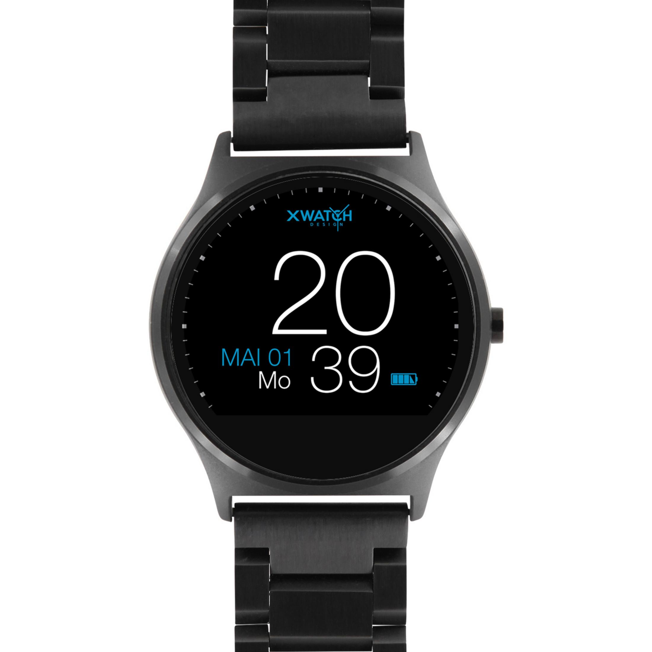 Schwarze Smartwatch mit digitaler Anzeige von Zeit und Datum.
