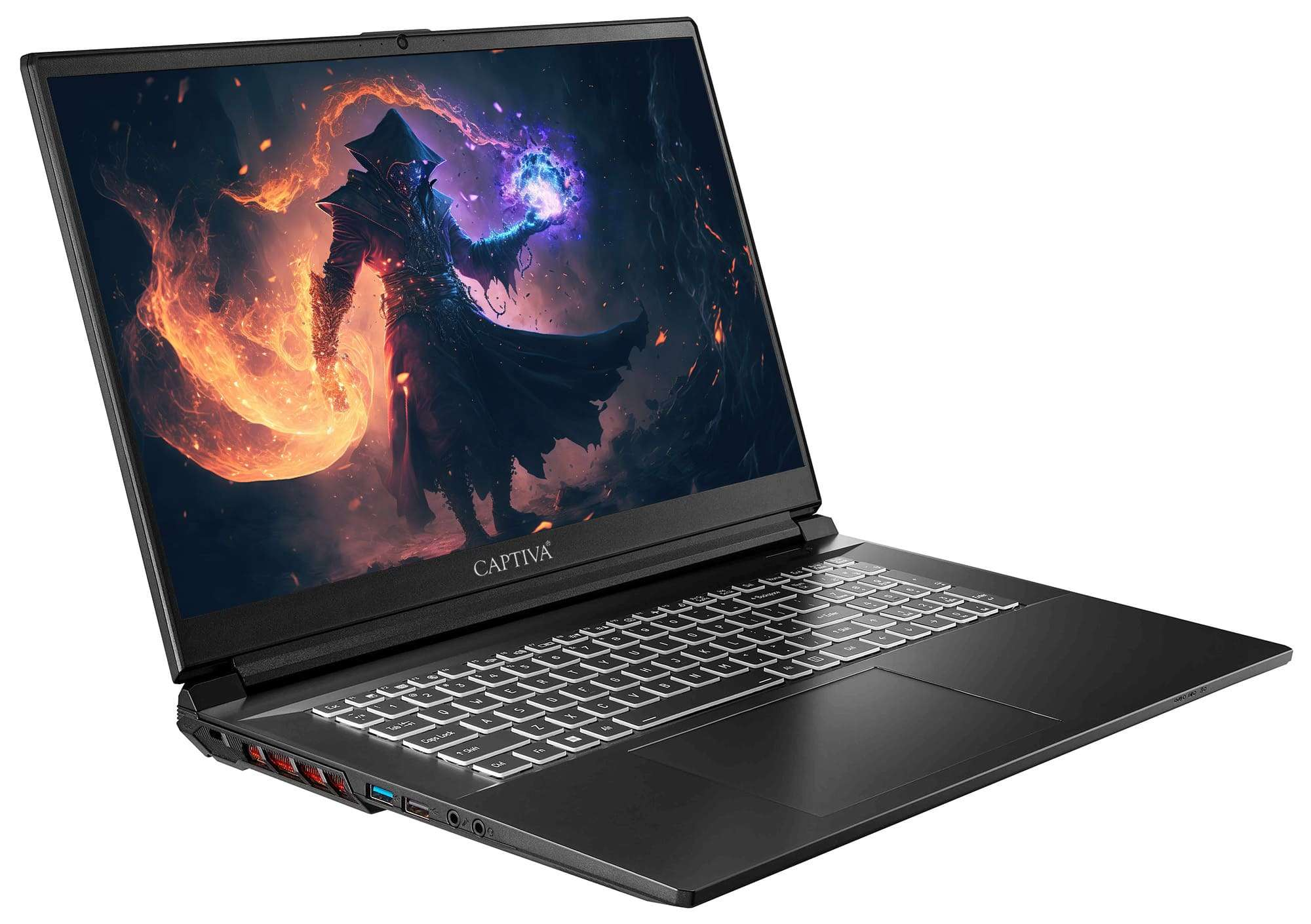 Zwarte laptop open, met een fantasie-scène op het scherm. De laptop staat op een witte ondergrond.