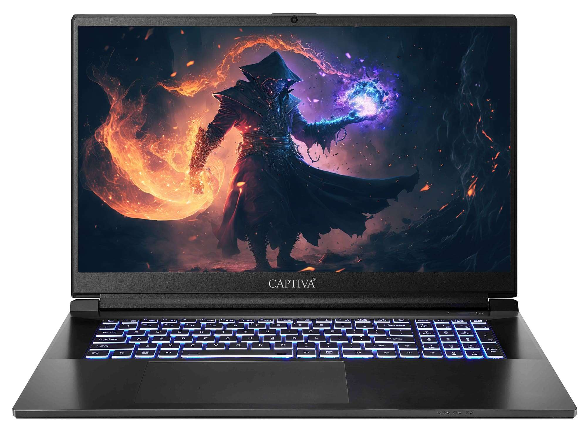 Zwarte laptop met scherm waarop een tovenaar met een gloeiende bol op een vurig achtergrond te zien is.