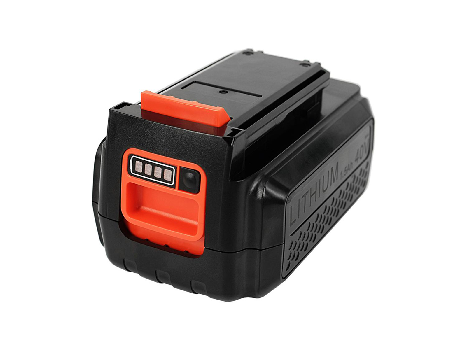 Schwarze und orangefarbene Batterie. Weißer Hintergrund.