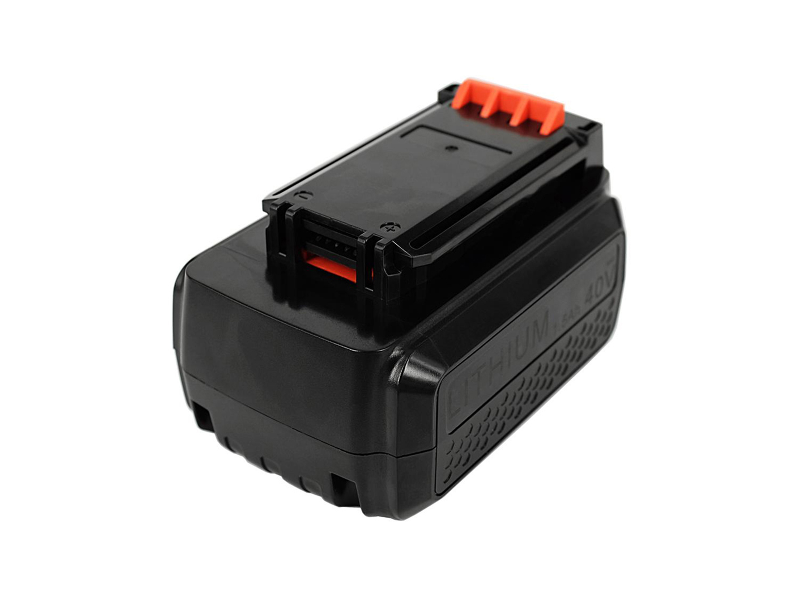 Schwarzer und orangefarbener Akku auf weißer Oberfläche, mit Text, der darauf hinweist, dass es sich um Lithium 40V handelt.