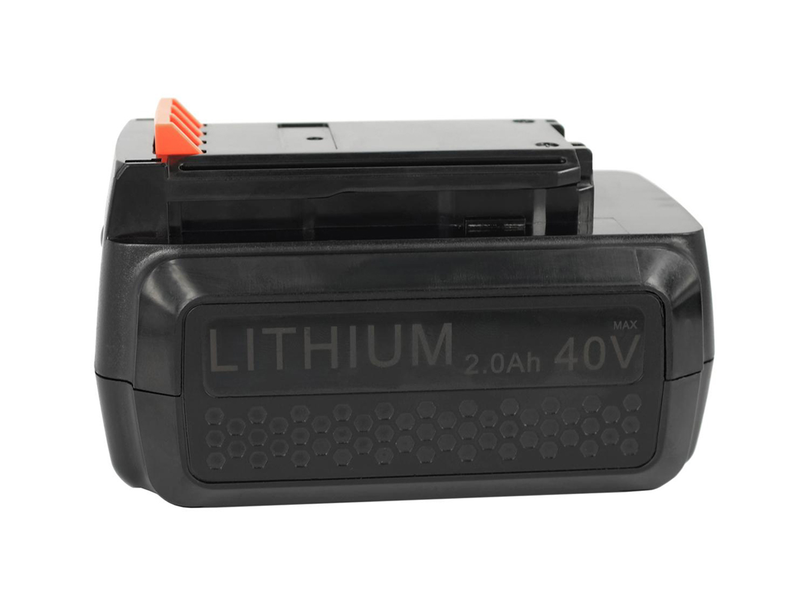 Schwarzer und orangefarbener Akku mit der Aufschrift 'LITHIUM 2.0Ah 40V'.