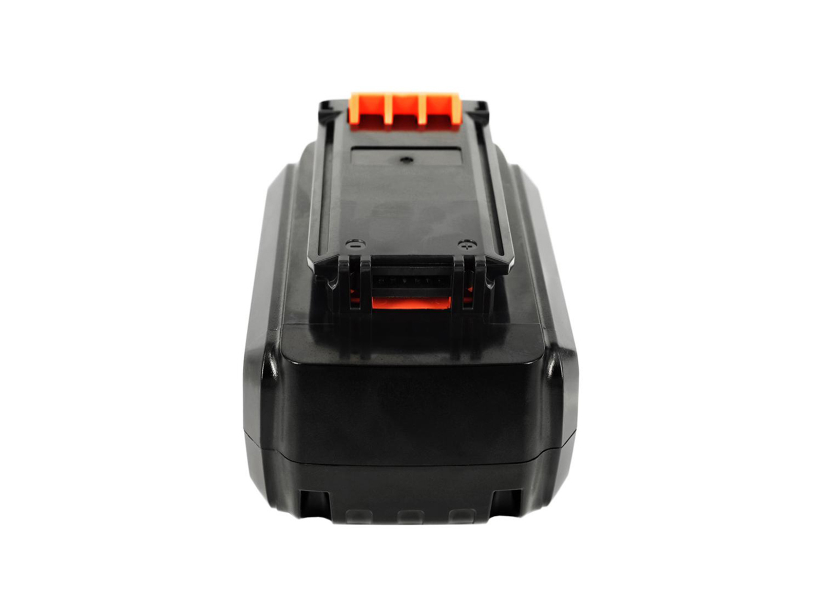 Schwarzer Elektrowerkzeugakku mit orangefarbenen Details.