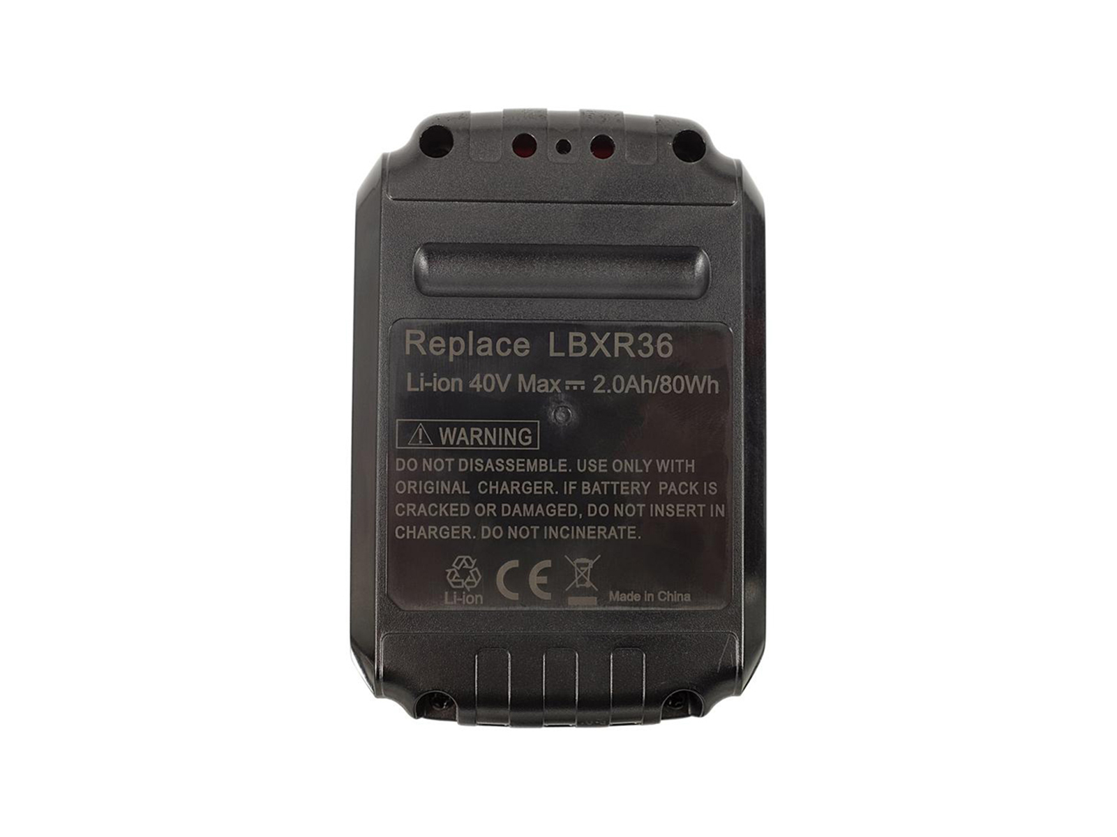 Schwarzer, rechteckiger Akku mit Text: Ersetze LBXR36, Li-Ion 40V Max.