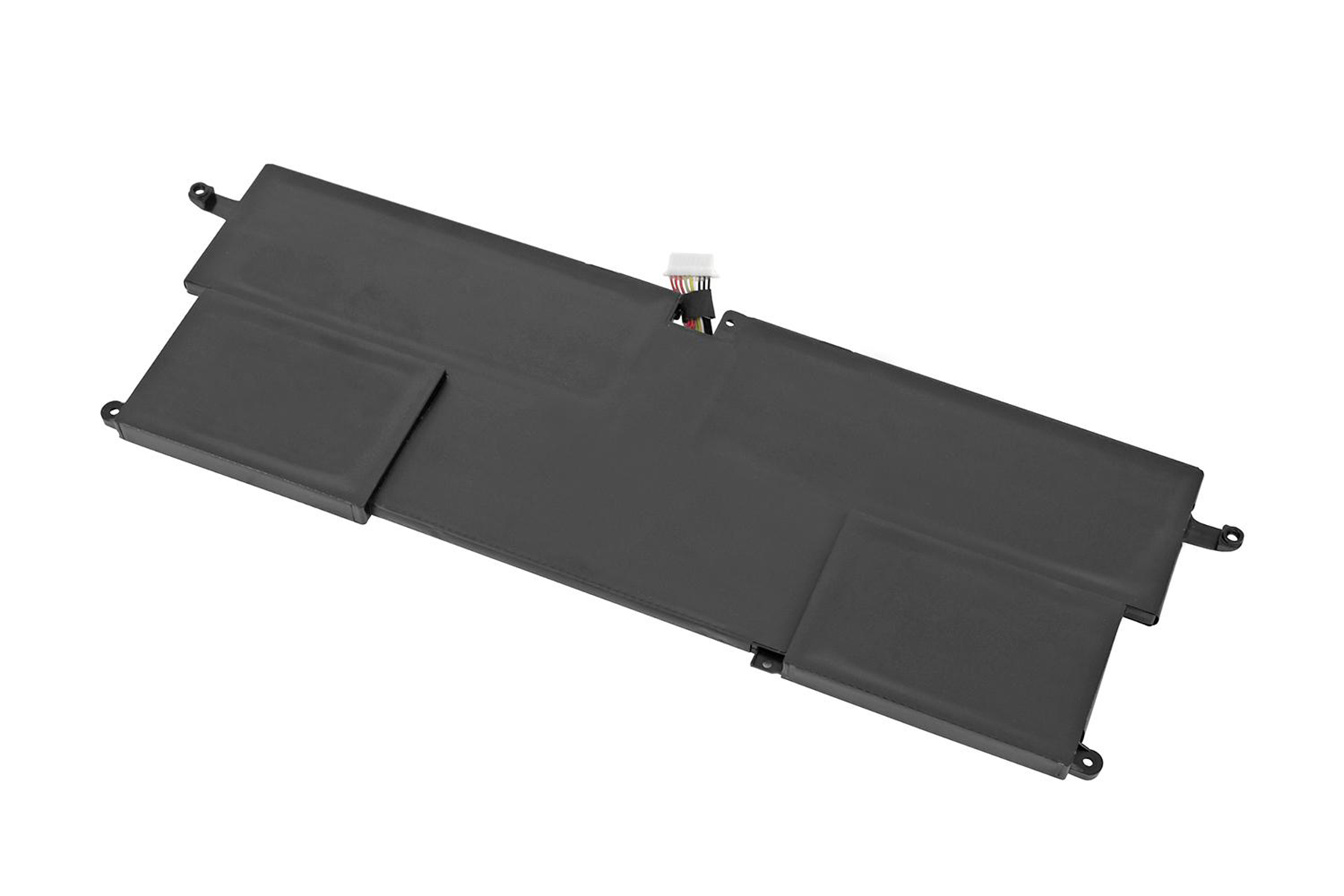 Ein schwarzer Laptop-Akku mit rechteckigen Abschnitten und einem weißen Stecker.