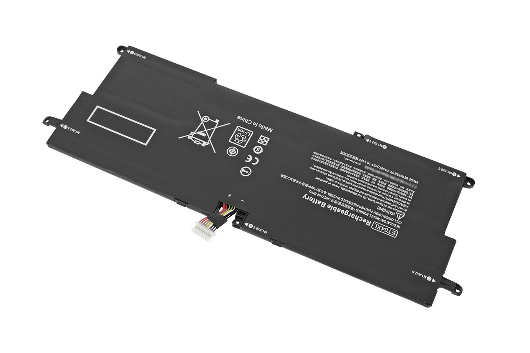 Laptop-Akku auf weißem Hintergrund. Schwarze Farbe mit Text und Anschluss sichtbar.