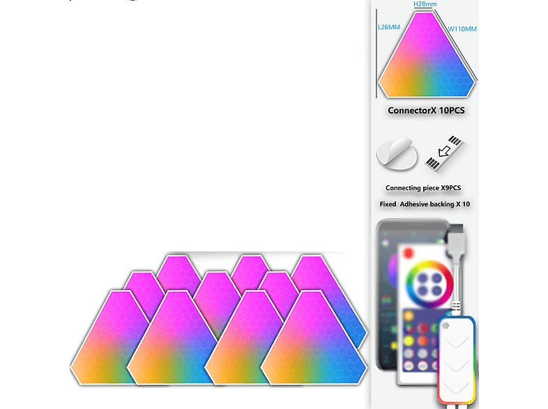 LACAMAX Zehn angepasste Dreieck-Umgebungslichter - RGB-beleuchtet, 24 Tasten, Bluetooth-Konnektivität Deko Beleuchtung, Weiß, Weiß, Gelb