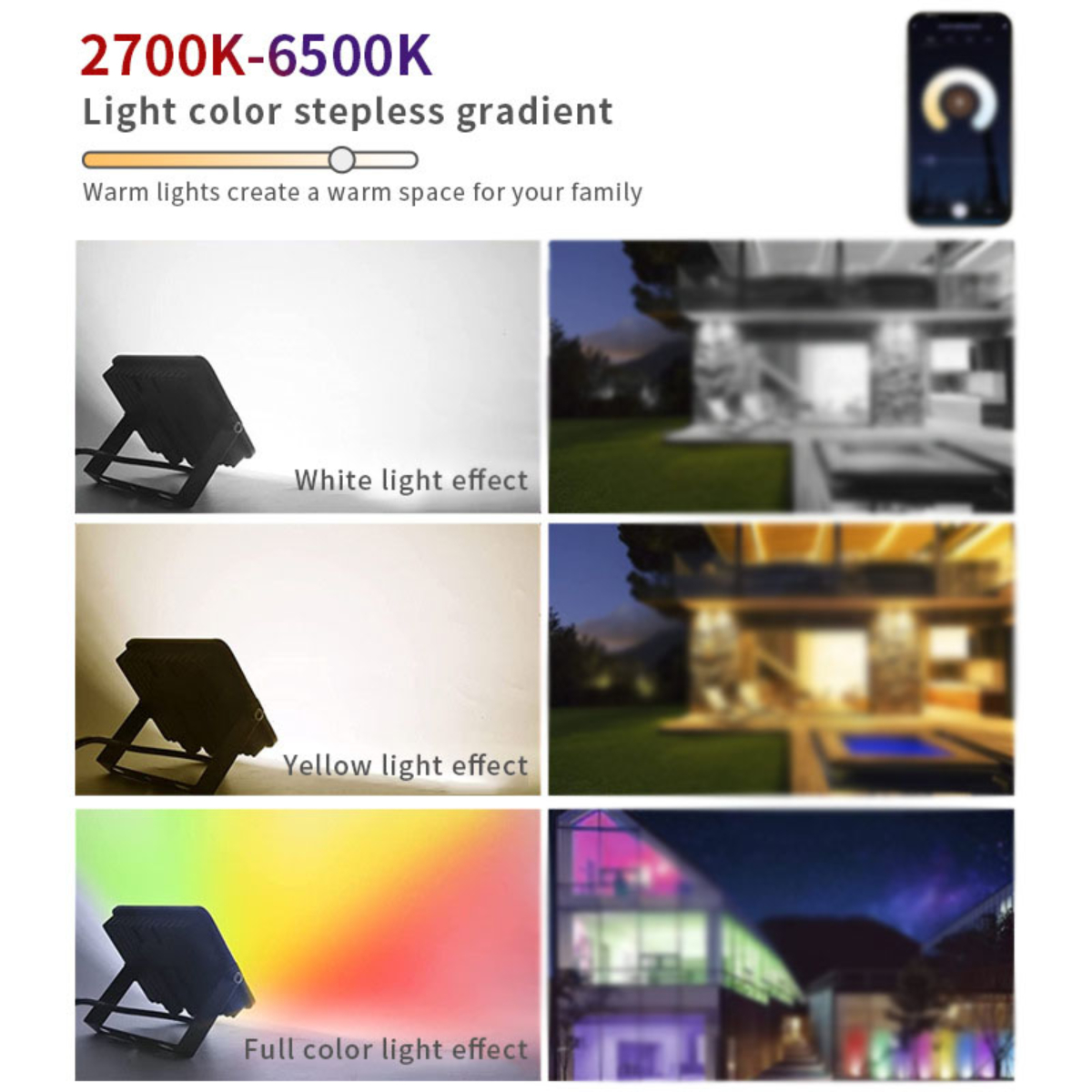 LACAMAX 50W Schwarz, sieben Gelb Farben Beleuchtung, Weiß, Farbflutlicht-WiFi Bluetooth-Verbindung, Deko LED APP-Fernbedienung