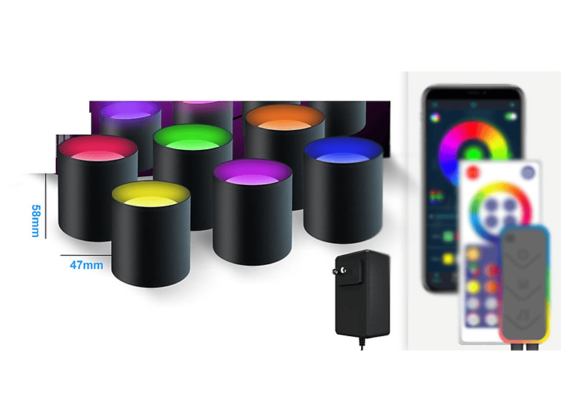 LACAMAX Sechs installierte LED-Wandleuchten - RGB-Leuchtfarben, Bluetooth-Verbindung Deko Beleuchtung, Schwarz, Weiß, Gelb