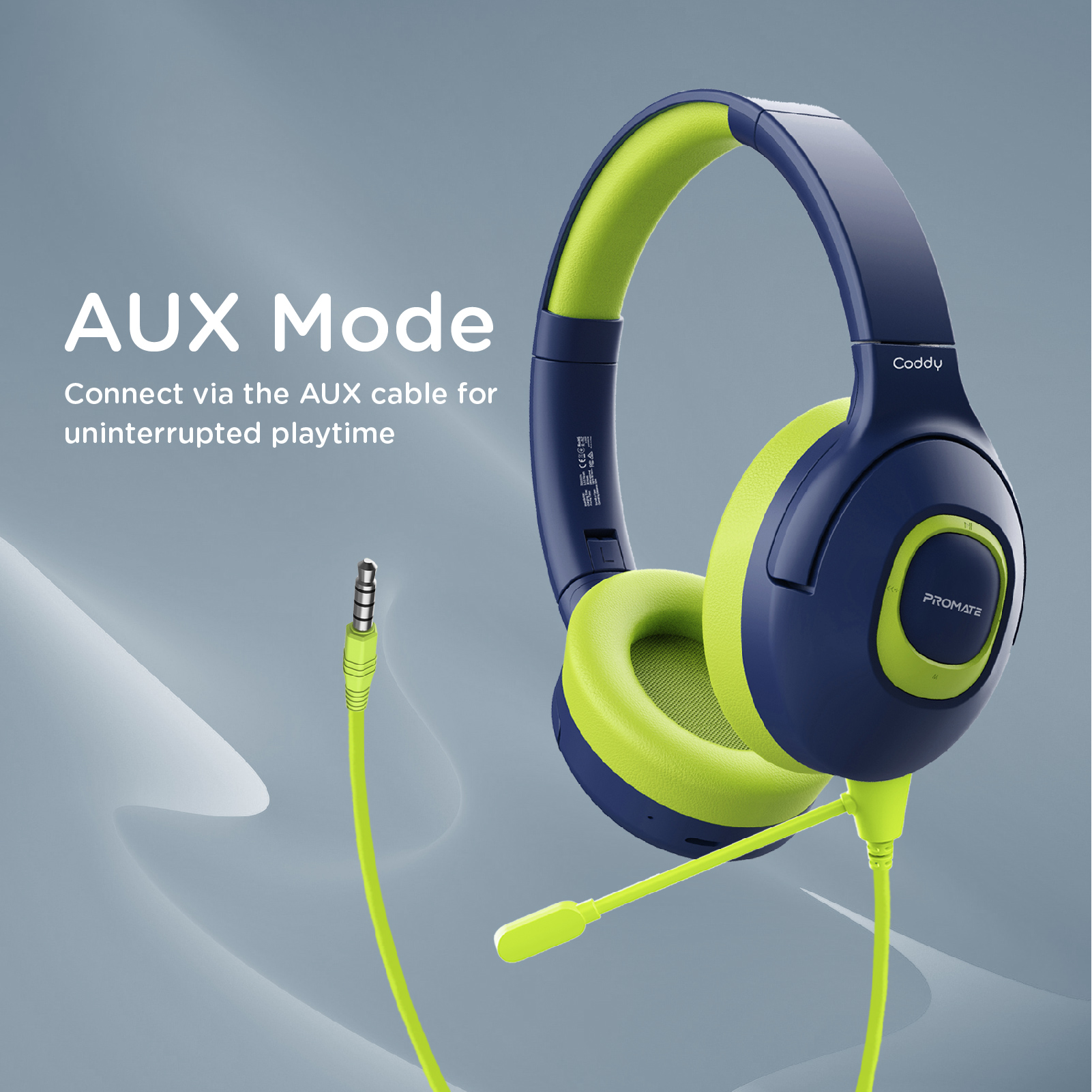 Auriculares azules y verdes con micrófono y cable. El fondo es un degradado.