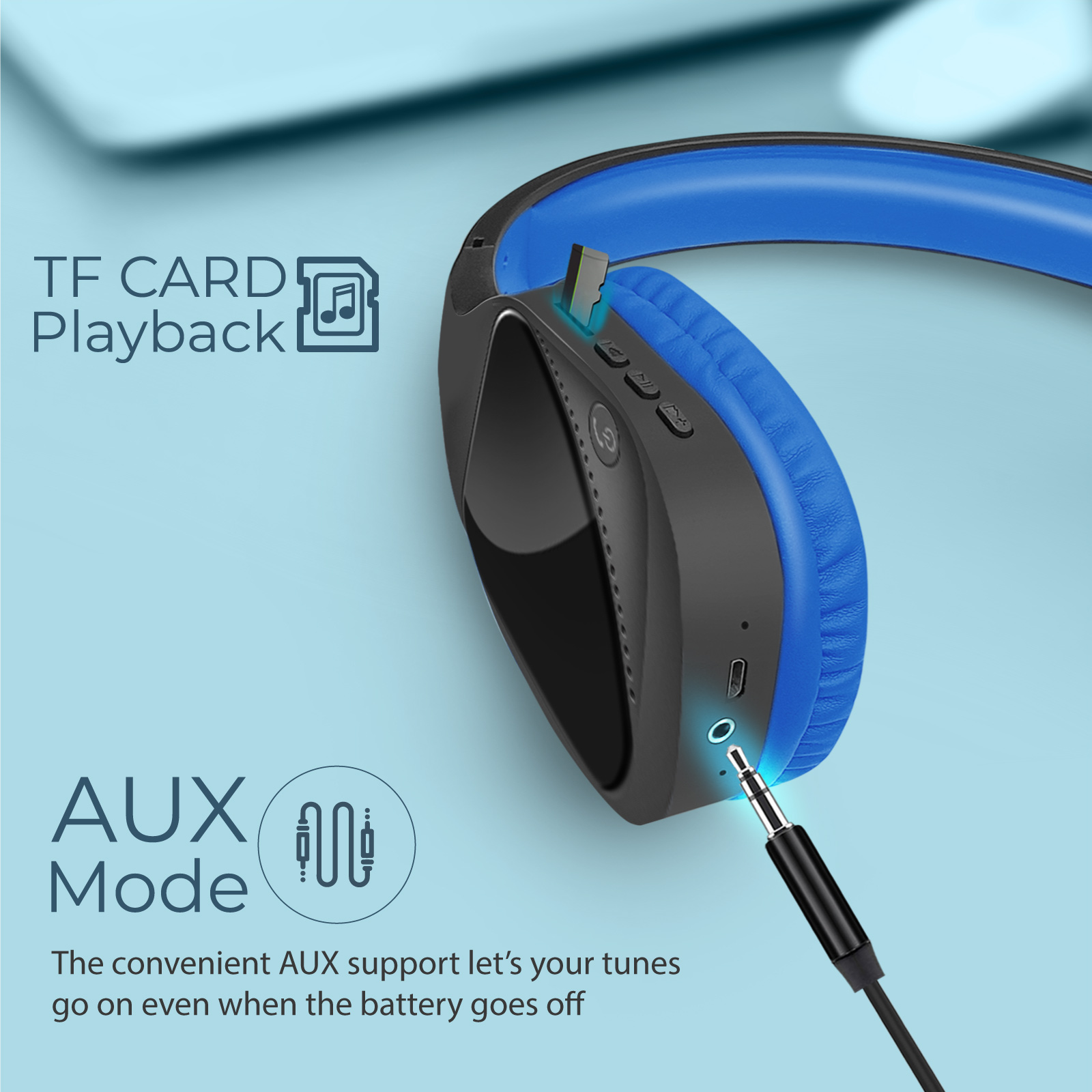 Auriculares con texto 'Reproducción de tarjeta TF' y 'Modo AUX', con cable enchufado.