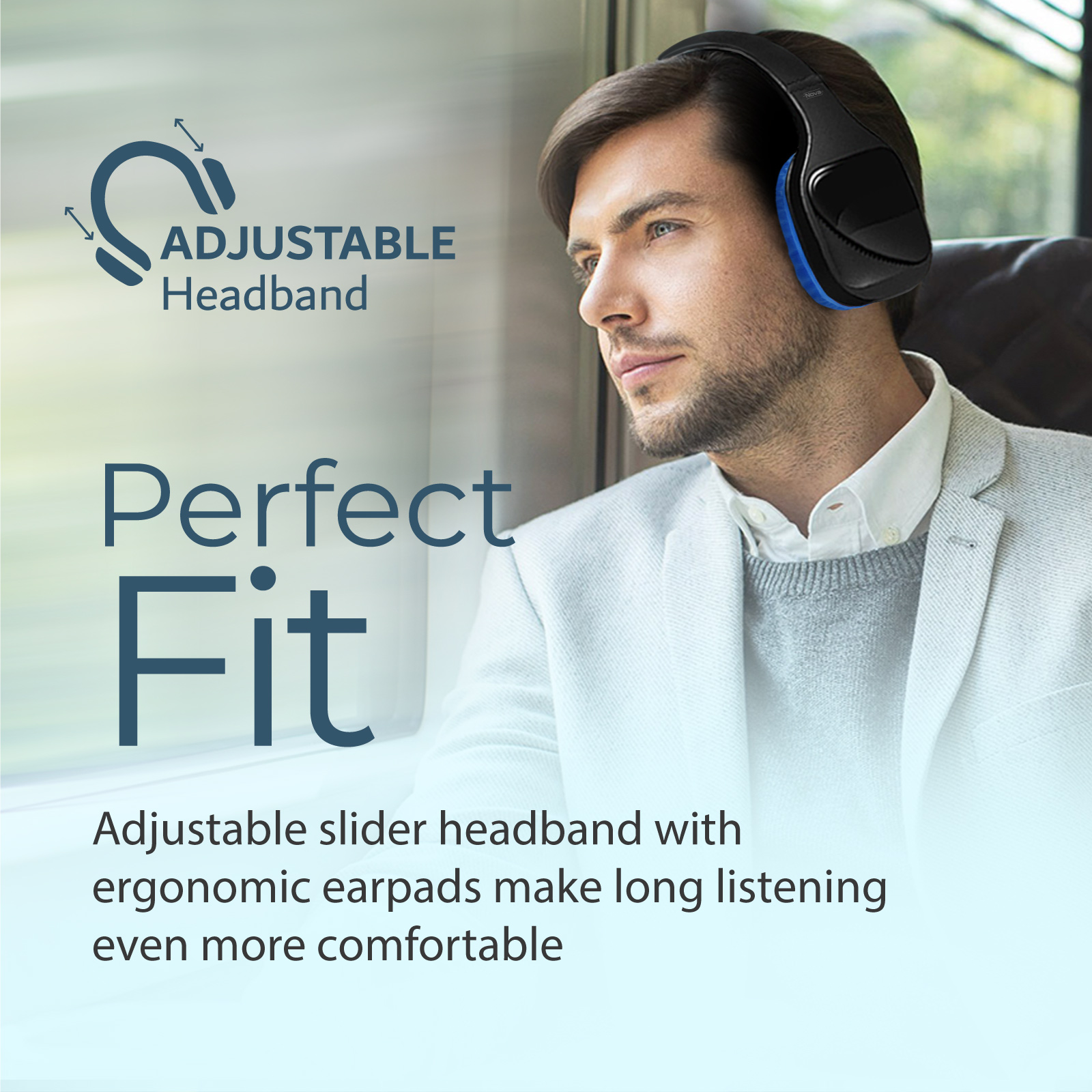 Un hombre con auriculares mirando por la ventana. El texto dice 'Ajuste perfecto'.