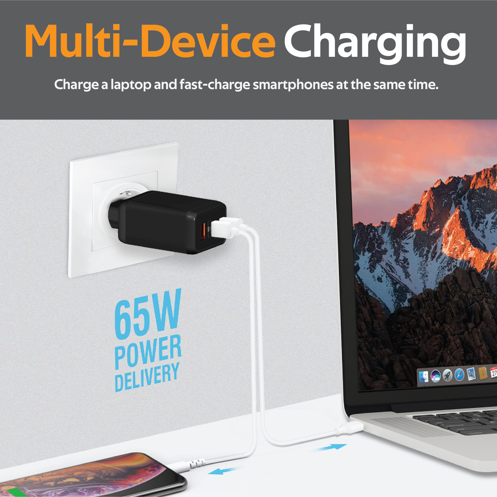 Cargador multi-dispositivo con portátil y smartphone conectados, muestra 65W de suministro.