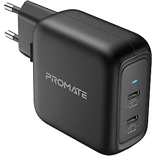 Cargador GaN - PROMATE Ganport3-90PD 90W Carga simultánea 45W x 45W o 60W + 30W Factor Forma 40% 6,5 cm x 6,5 cm, iPhone Samsung Universal iPhone Samsung Universal, Negro