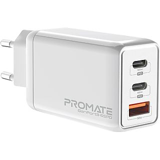 Cargador GaN - PROMATE Ganport3-65PD 65W 1 x USB-A Supercharge 65W, 2 x USB-C 30W Protección inteligente, Blanco