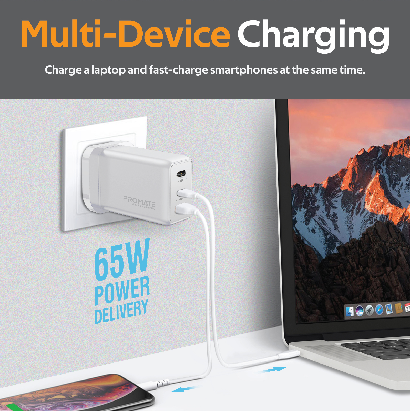Adaptador de corriente blanco enchufado a una toma de corriente, cargando un teléfono y un portátil. Etiqueta de entrega de energía de 65W.