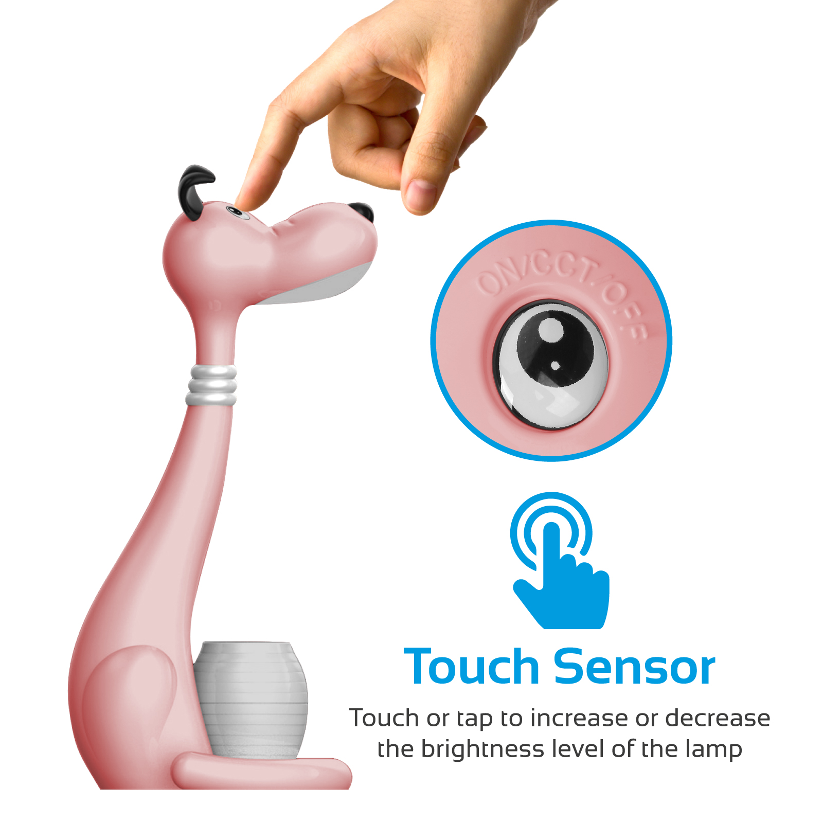 Lámpara rosa en forma de perro con sensor táctil. Ilustración azul muestra el tacto para el brillo.