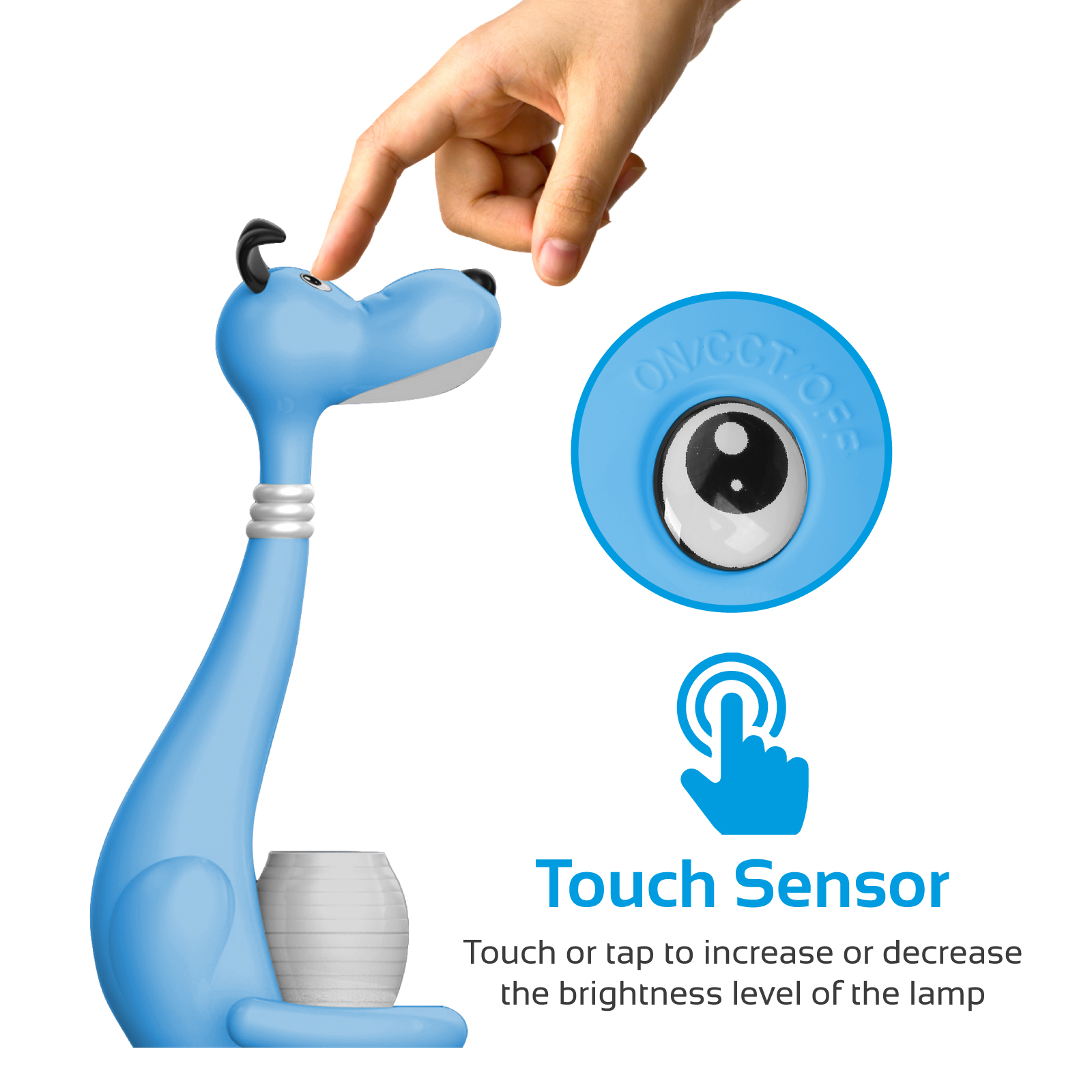 Lámpara azul con forma de perro y una mano tocando su cabeza, junto al icono del sensor táctil.