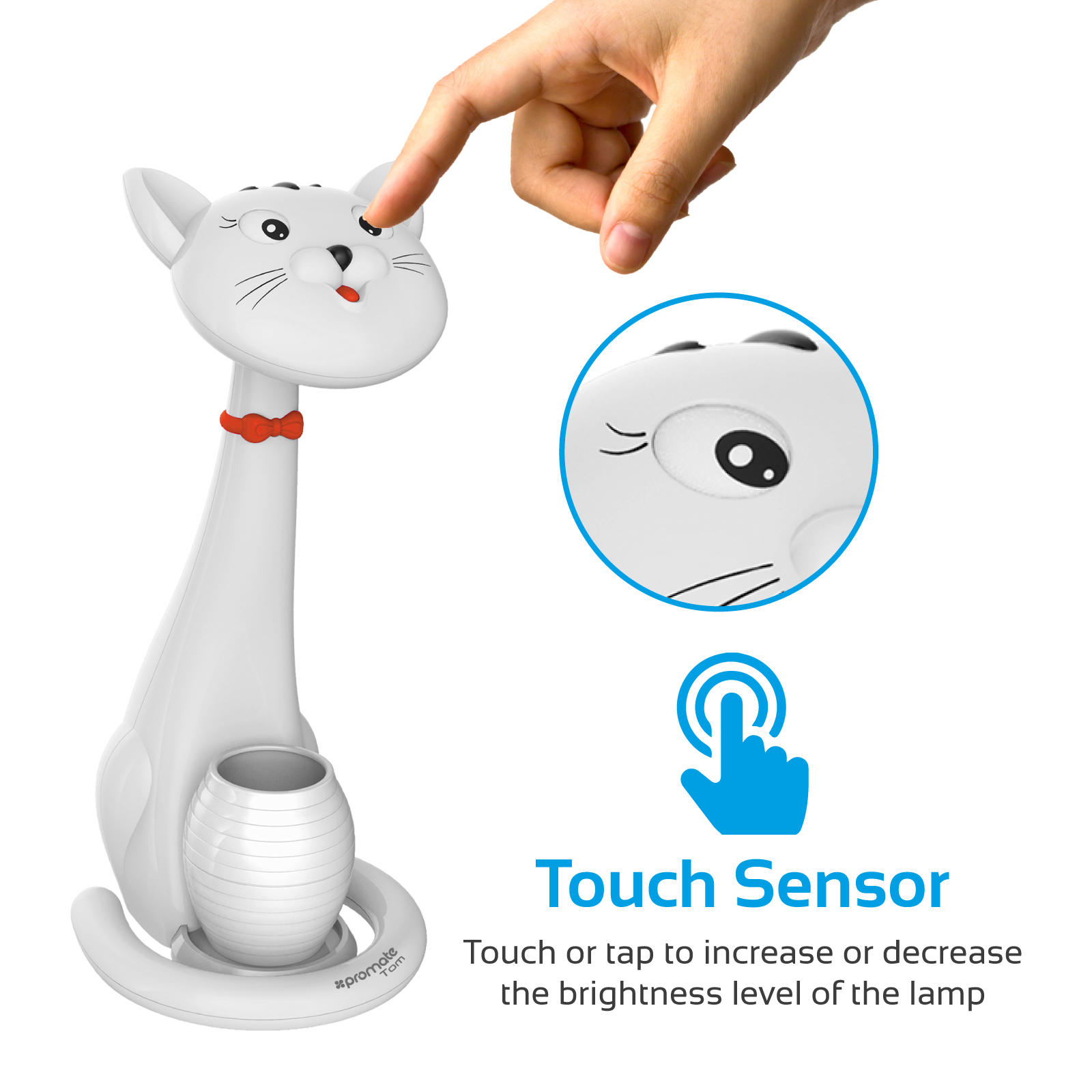 Lámpara blanca con forma de gato, con una mano apuntando a un sensor táctil para controlar el brillo.