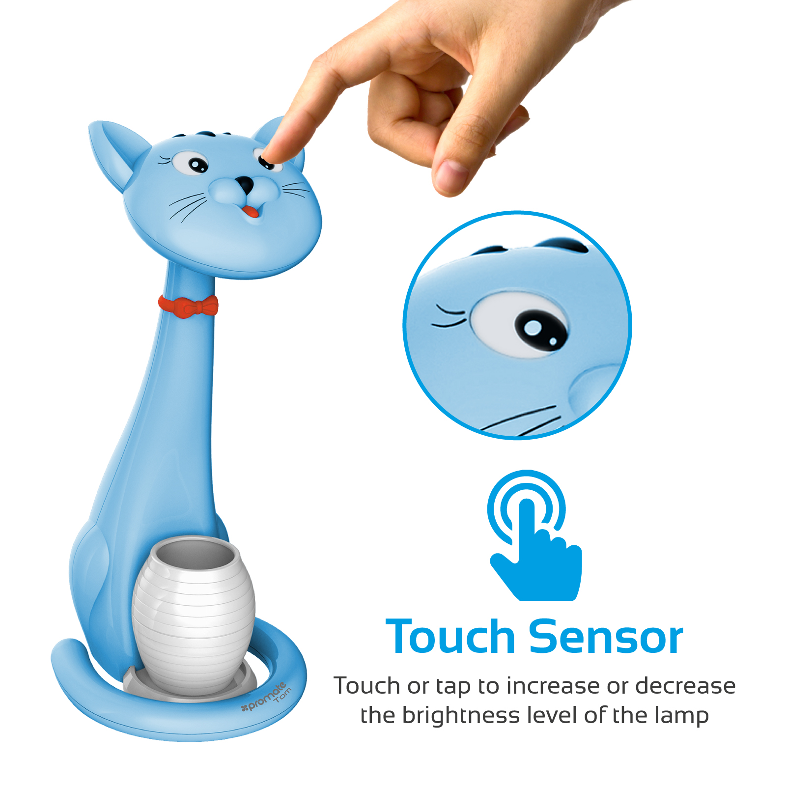 Una lámpara azul con forma de gato con sensor táctil. Una mano toca la cabeza del gato.