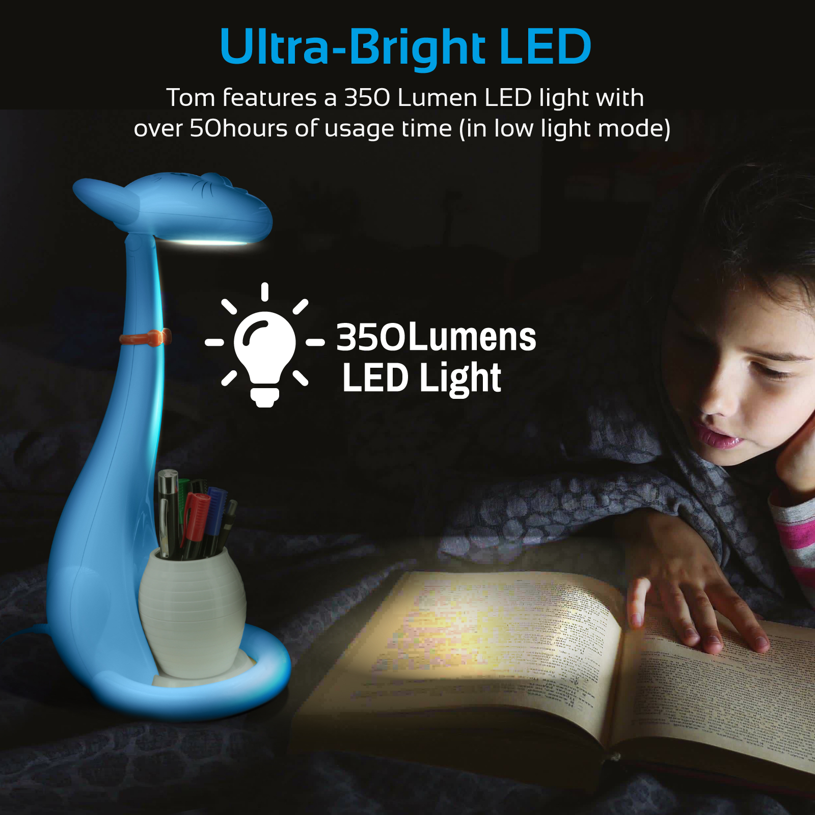 Una niña lee bajo una lámpara azul. El texto dice 'Ultra-Bright LED' y '350 Lumens LED Light'. Fondo oscuro.