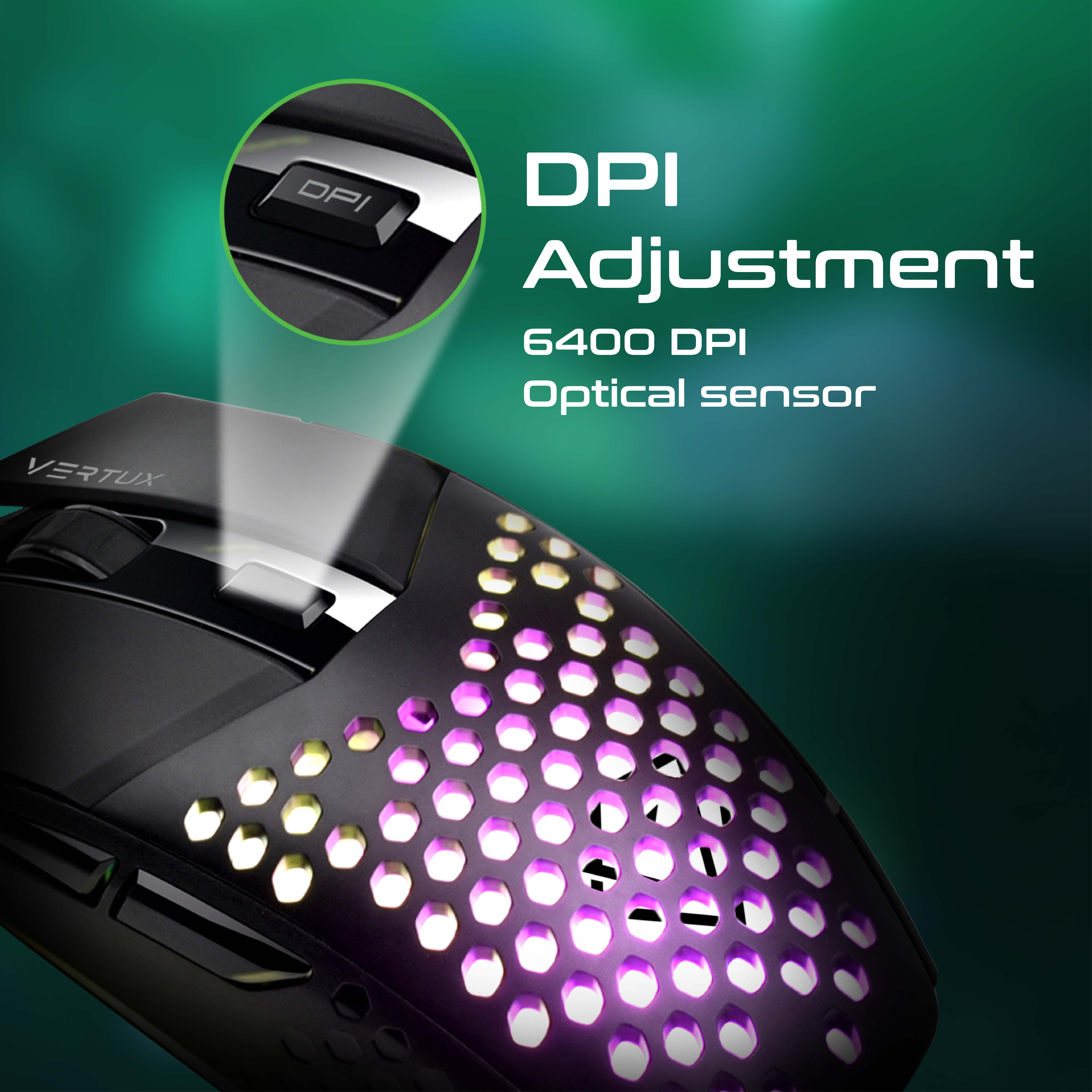 Mouse da gioco con testo 'Regolazione DPI' e sensore ottico, brillante.