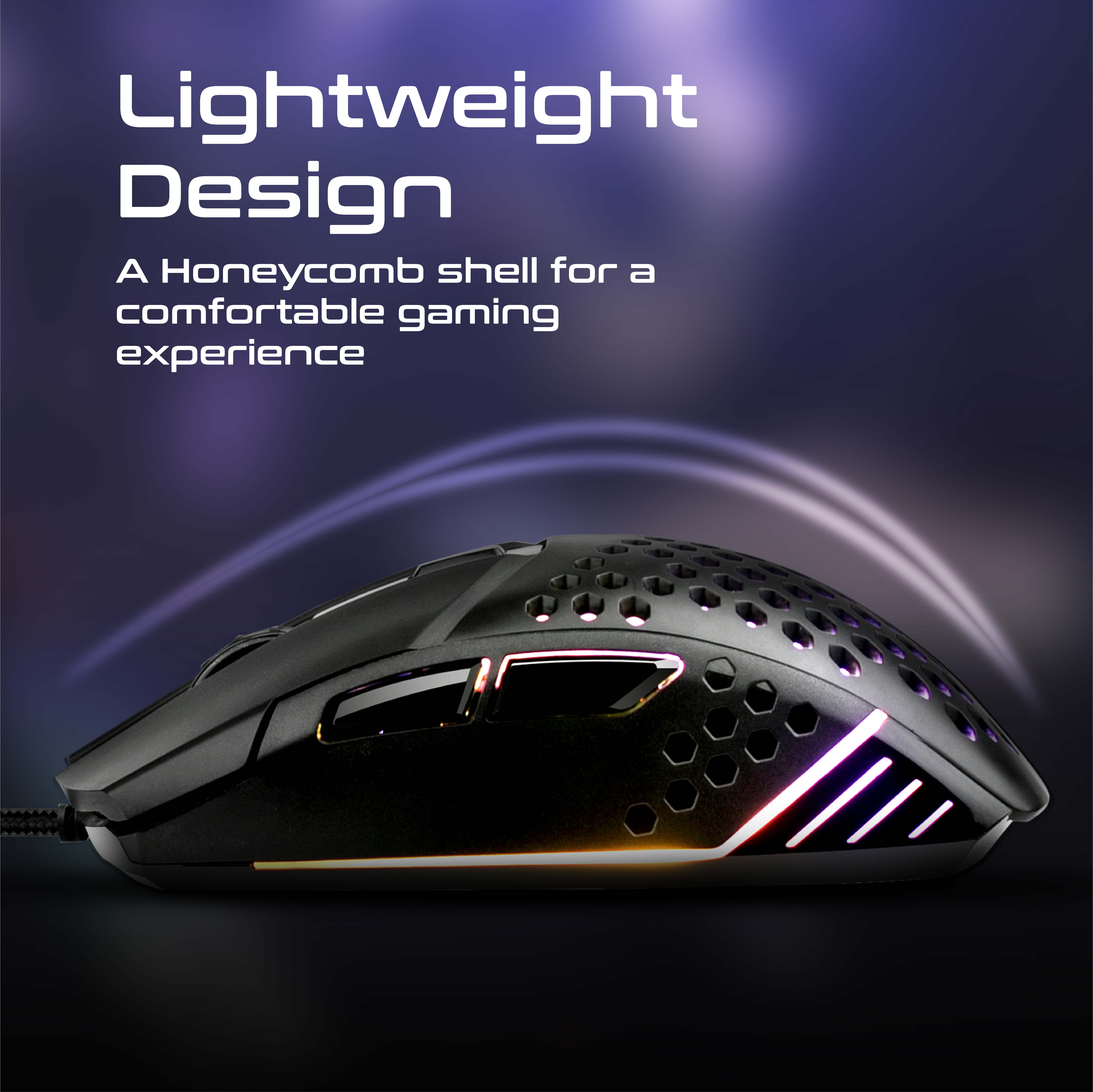 Mouse da gioco nero con design a nido d'ape e bordi illuminati. Testo: Design leggero. Gioco confortevole.