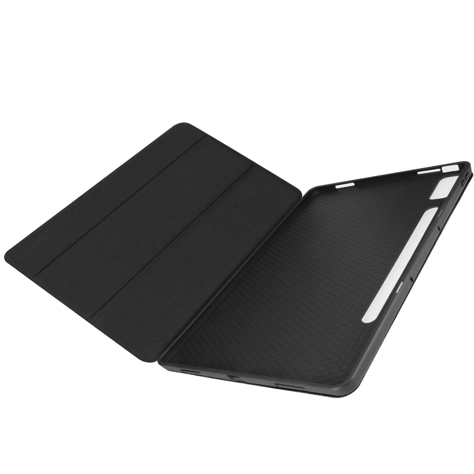 Custodia per tablet nera, aperta, che mostra la fodera interna.