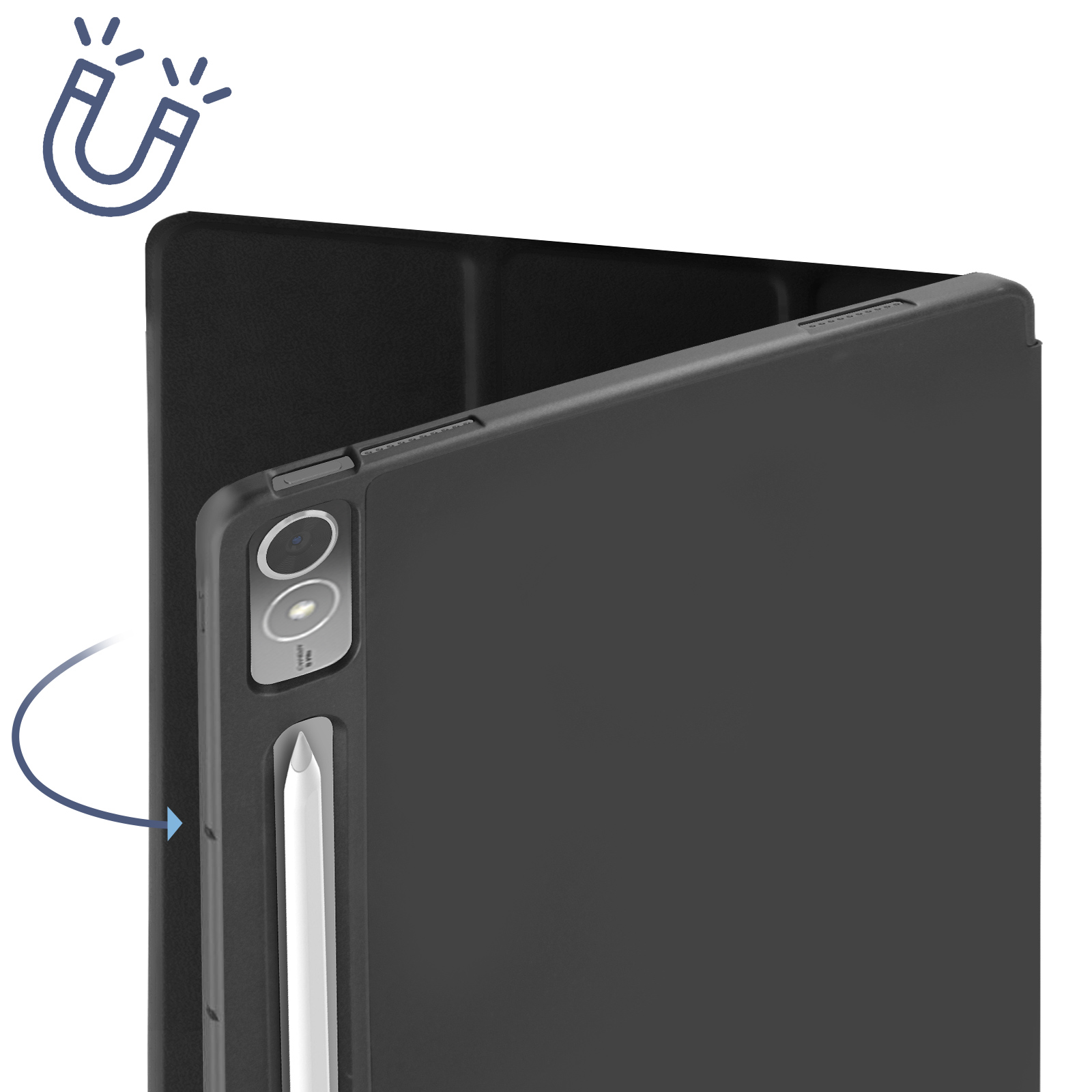 Una custodia per tablet nera con penna e funzione di chiusura magnetica visibile.